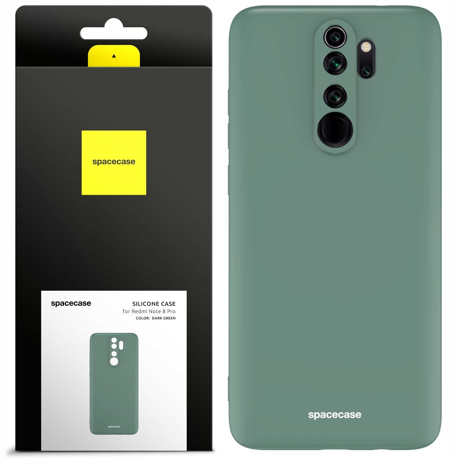 Ciemnozielone silikonowe etui na telefon z opakowaniem, z logo „spacecase”, do Redmi Note 8 Pro.