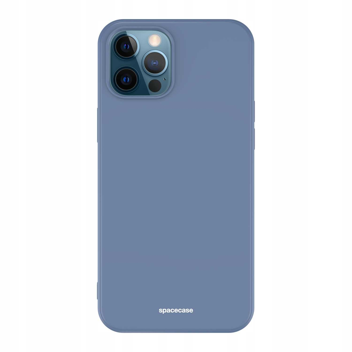 Niebieskie etui na telefon na białym tle, z wycięciami na kamerę i logo 'spacecase'.