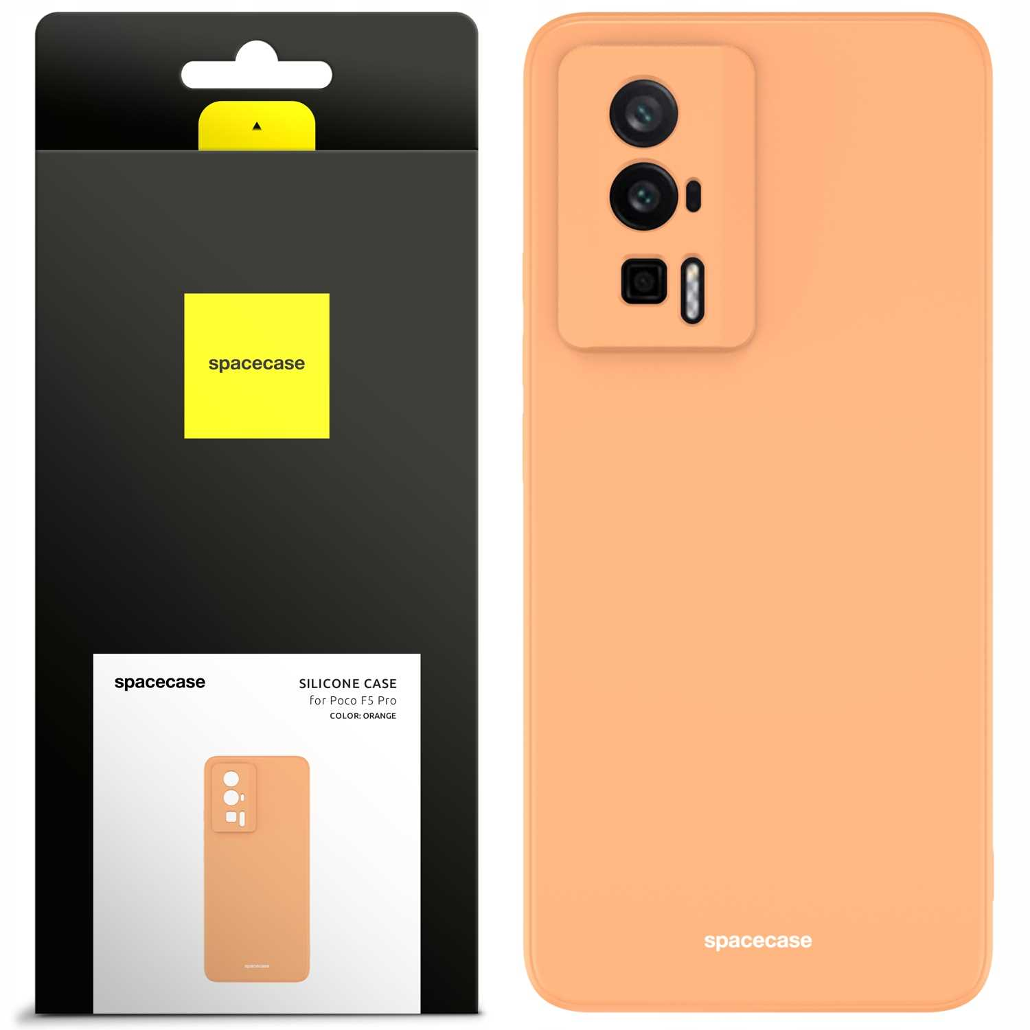Pomarańczowe silikonowe etui na telefon z opakowaniem, z logo „spacecase”, do Poco F5 Pro.