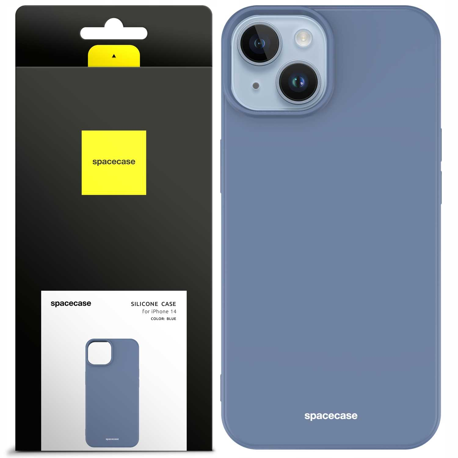 Niebieskie etui 'spacecase' na iPhone'a 14 obok opakowania z żółtym logo.