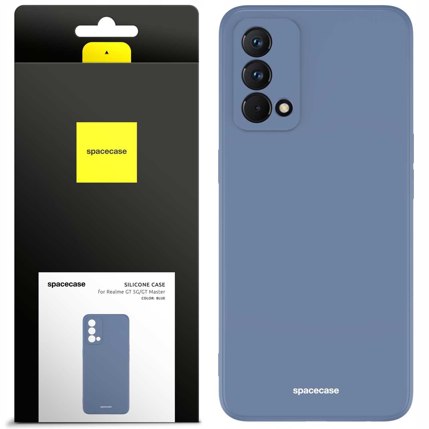 Wyświetlane jest niebieskie etui na telefon i jego opakowanie. Opakowanie ma żółte logo „spacecase” i szczegóły produktu.