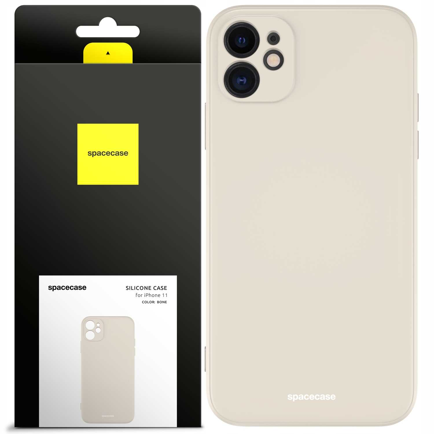 Beżowe etui 'spacecase' na iPhone'a 11 obok opakowania z żółtym logo.