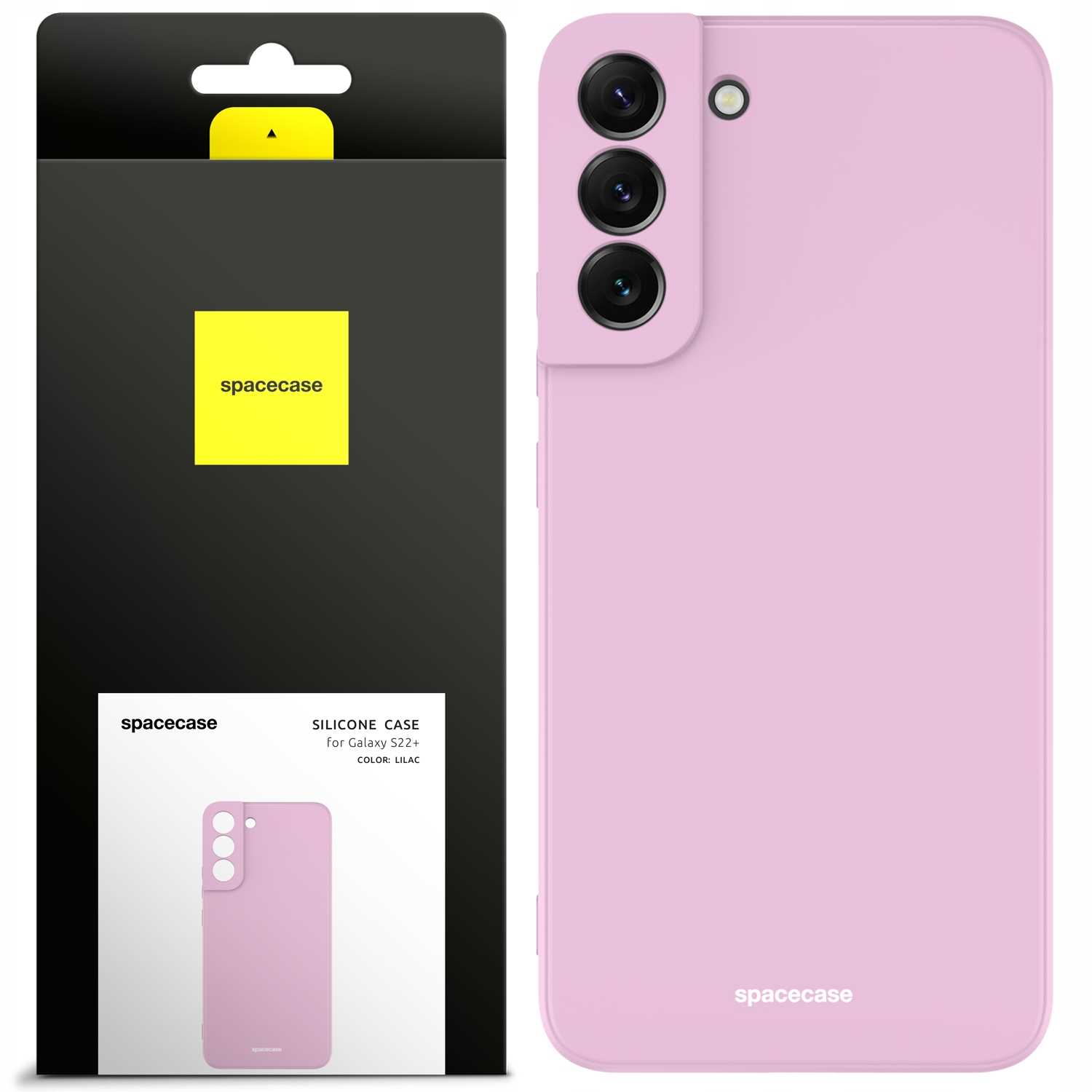 Liliowe etui na telefon i opakowanie pokazują markę „spacecase” i otwory na obiektyw aparatu.