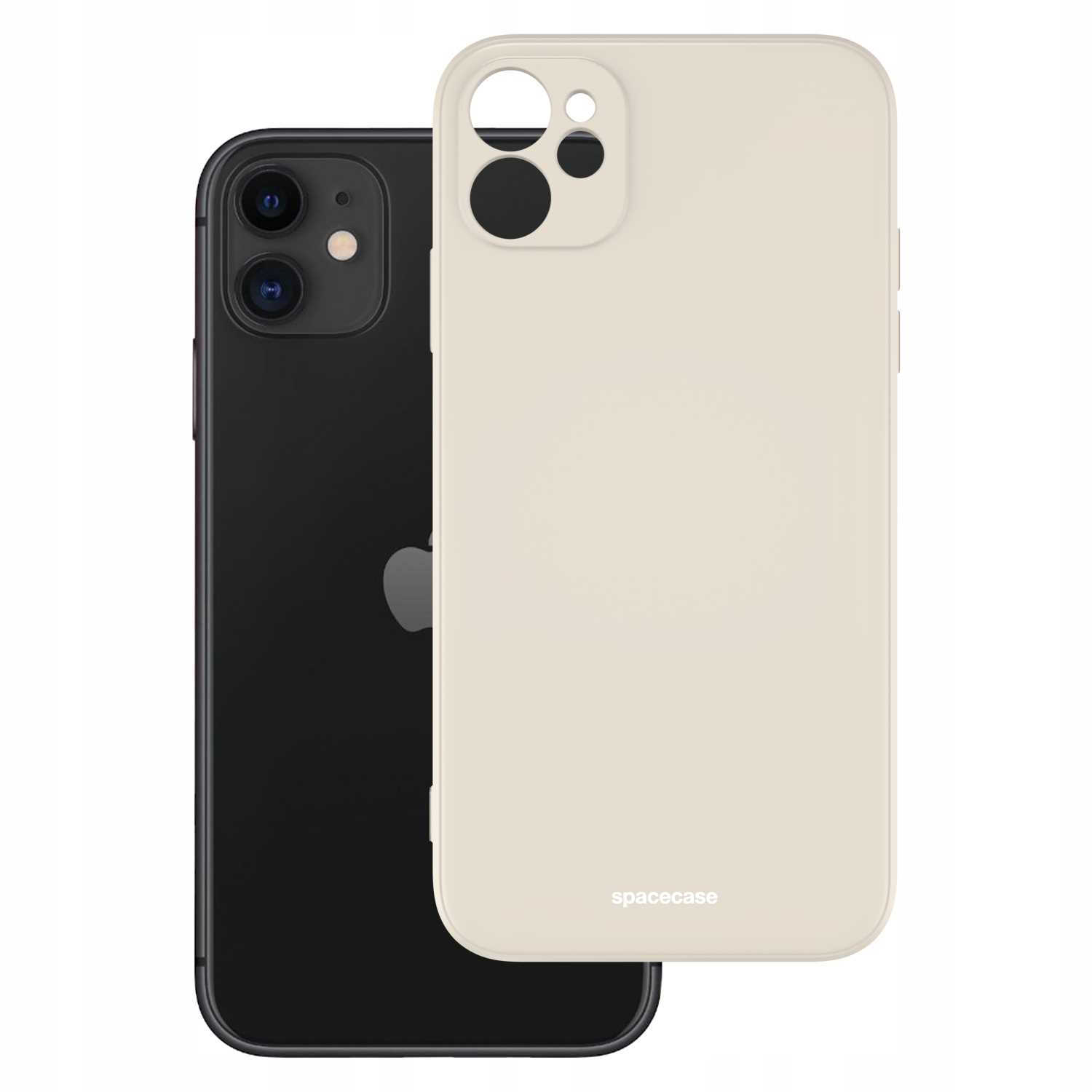Czarny telefon obok kremowego etui na telefon z otworami na aparat i logo „spacecase”.