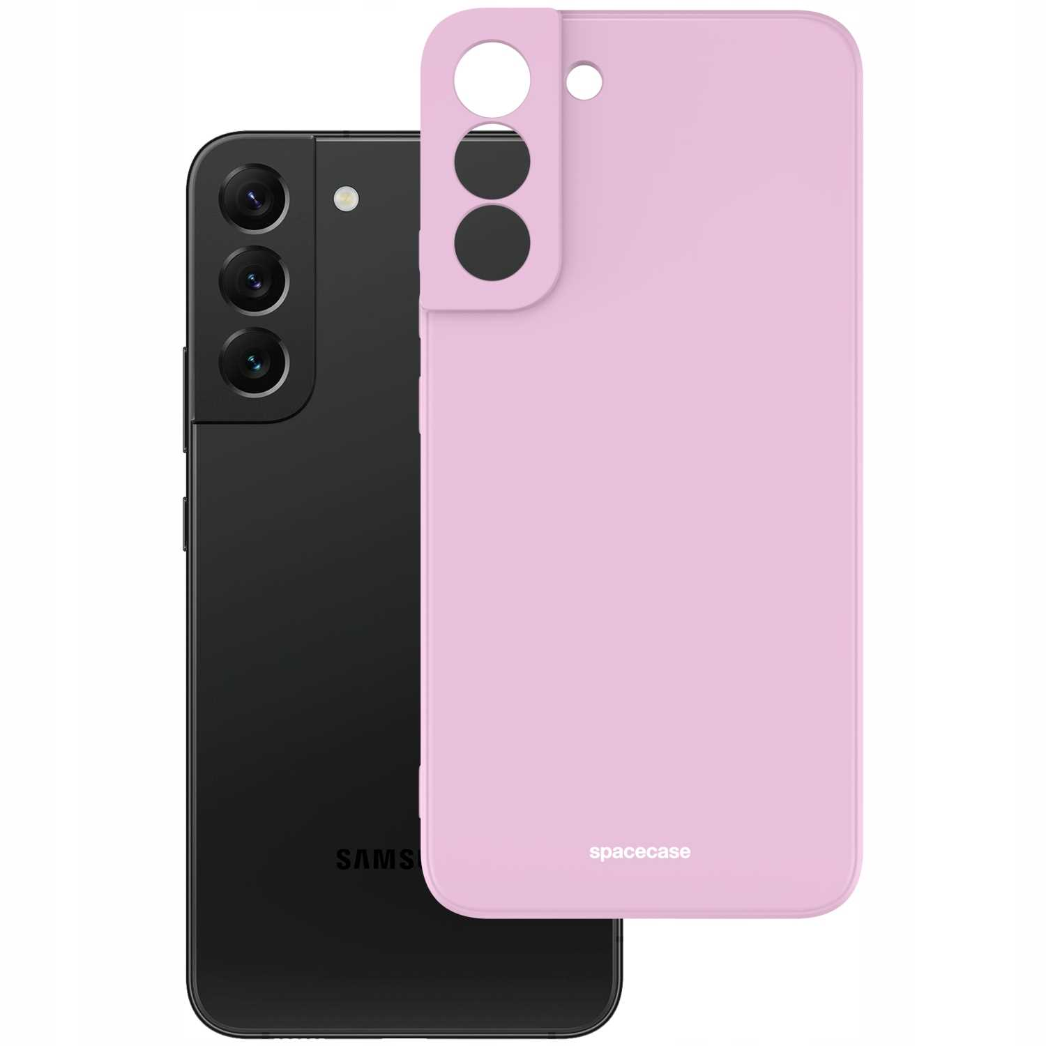 Czarny telefon obok liliowego etui na telefon z otworami na obiektyw aparatu.
