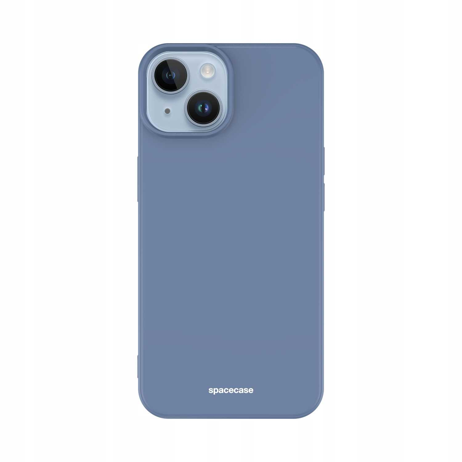 Niebieskie etui na telefon pokazuje otwory na obiektyw aparatu i logo „spacecase” na białym tle.