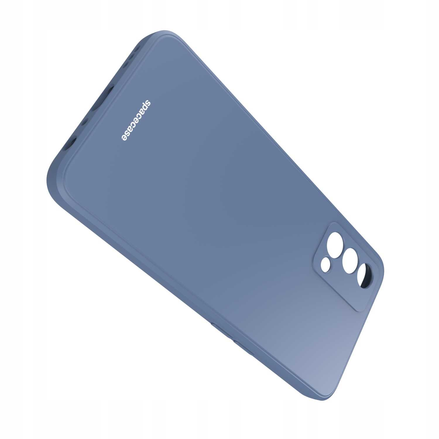Niebieskie etui na telefon Spacecase jest ustawione pod kątem na białym tle.