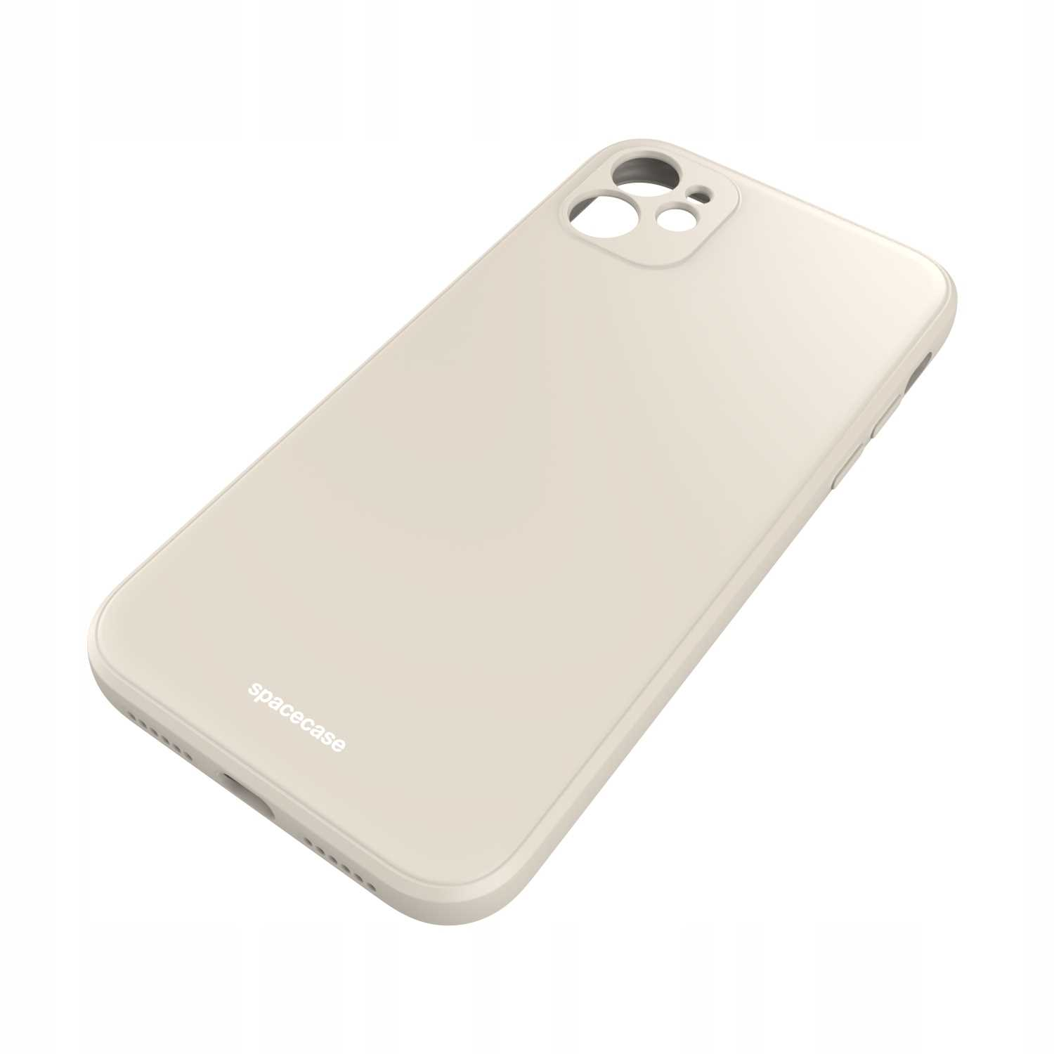 Beżowe etui na telefon 'spacecase' izolowane na białym tle, widok pod kątem.