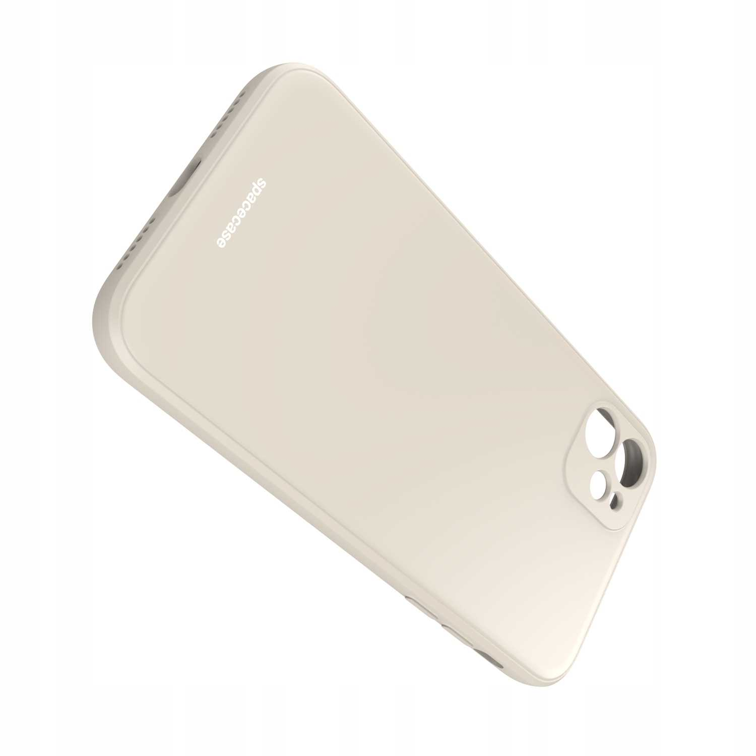 Beżowe etui na telefon 'spacecase' izolowane na białym tle, widok pod kątem.
