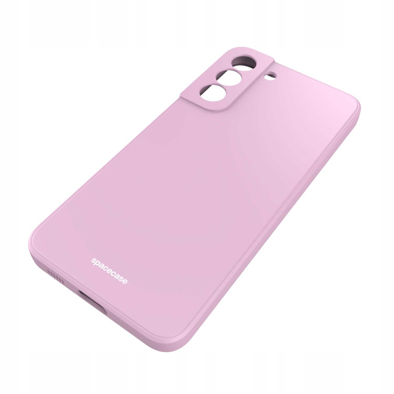 Różowe etui na telefon 'spacecase' izolowane na białym tle, widok pod kątem.