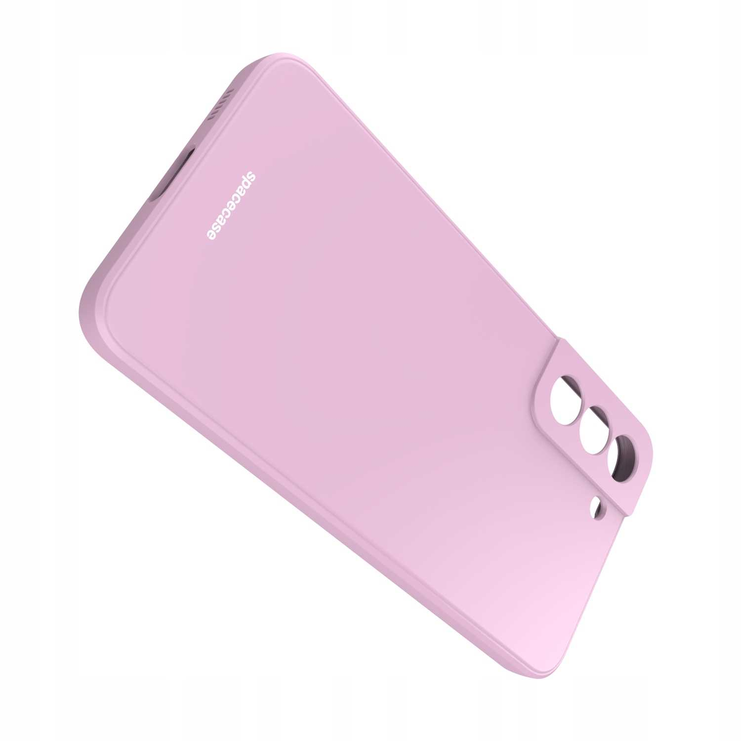Różowe etui na telefon 'spacecase' izolowane na białym tle, widok pod kątem.