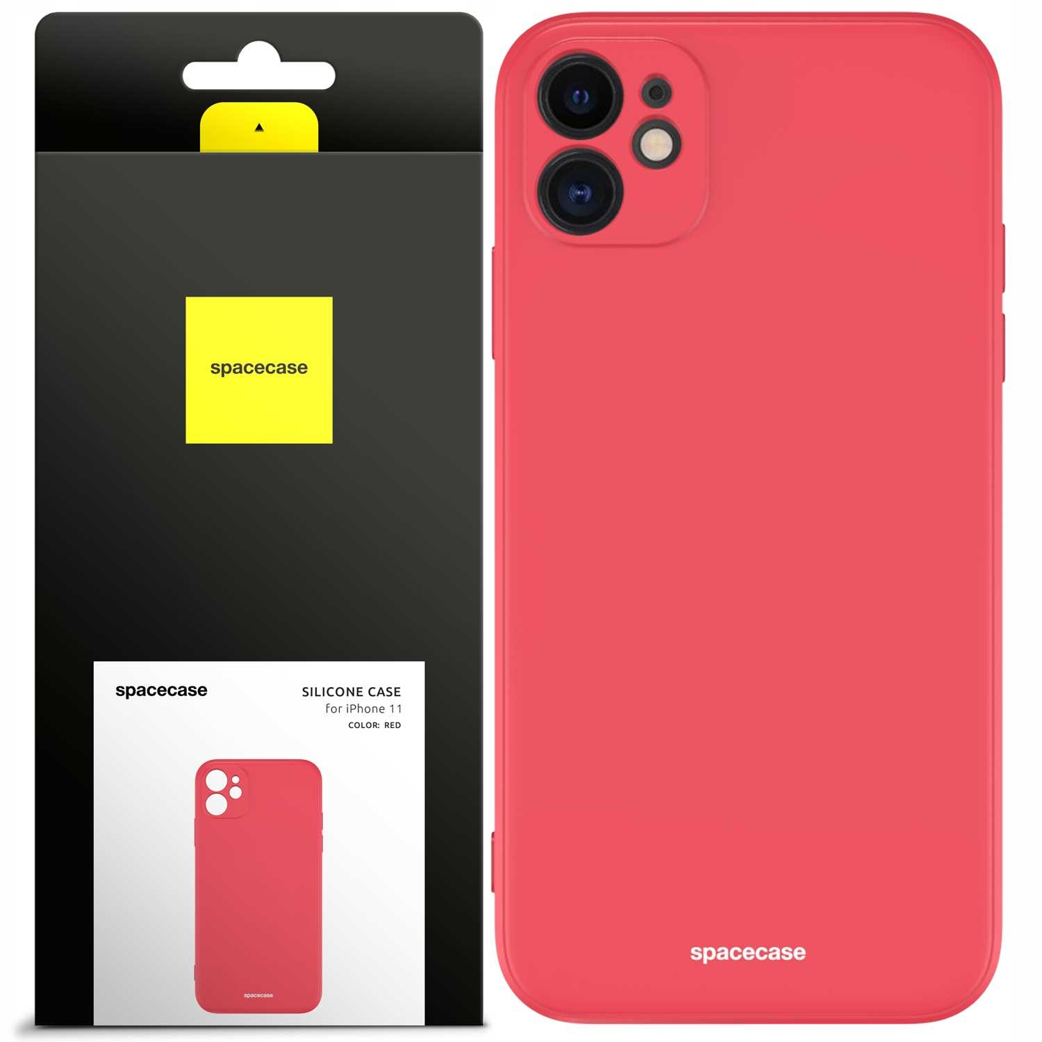Czerwona obudowa telefonu Spacecase pokazana obok opakowania detalicznego na białym tle.