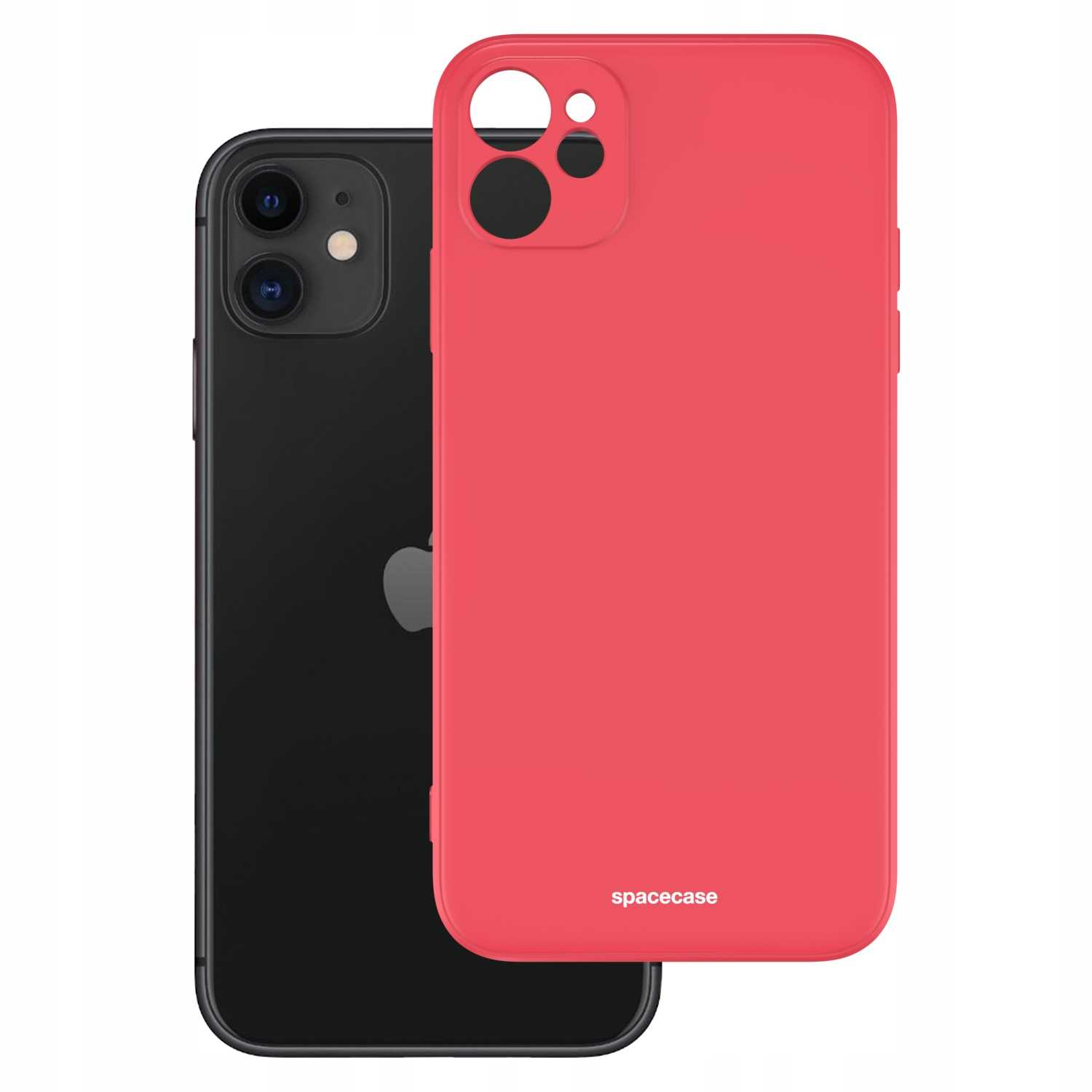 Czerwone etui na telefon Spacecase jest pokazane obok czarnego iPhone'a.