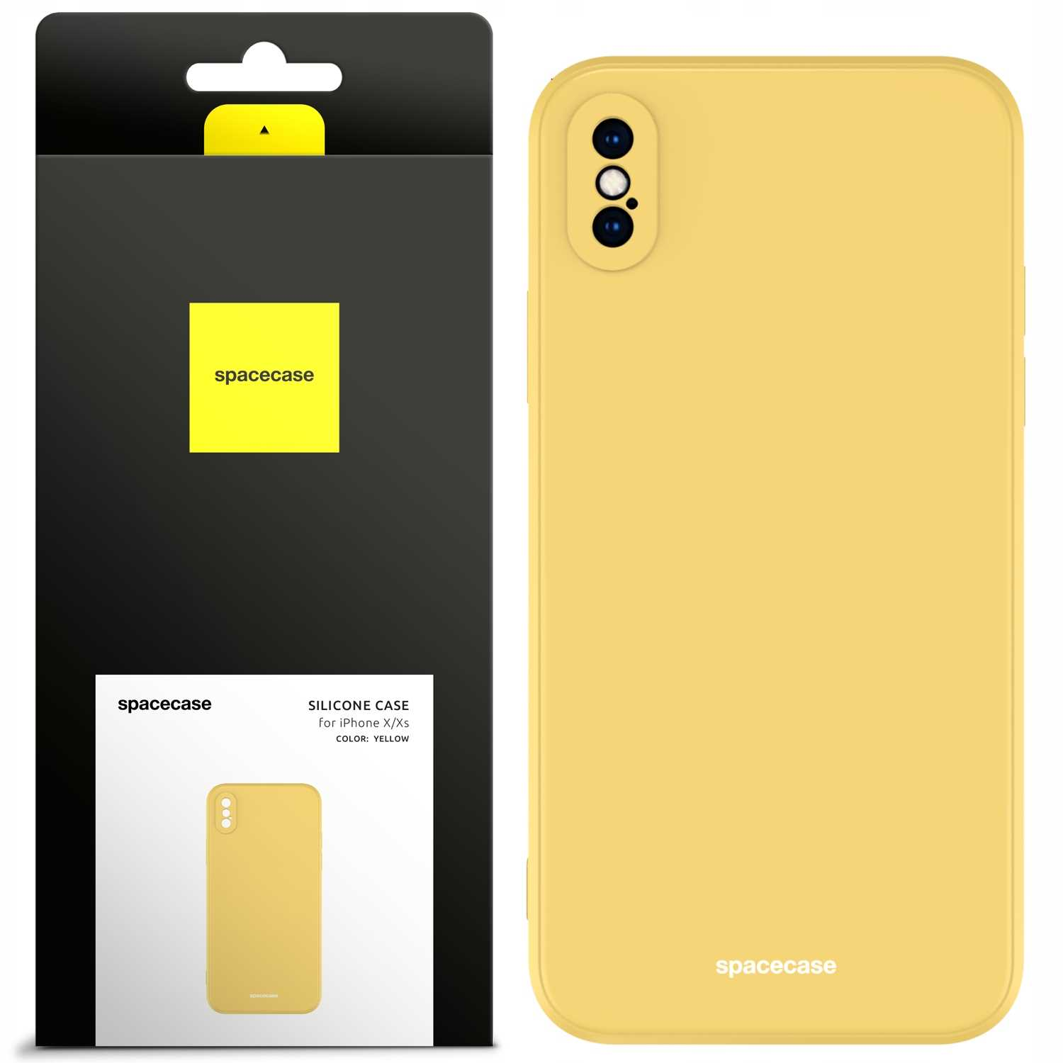 Żółte etui na telefon Spacecase pokazane obok opakowania detalicznego na białym tle.
