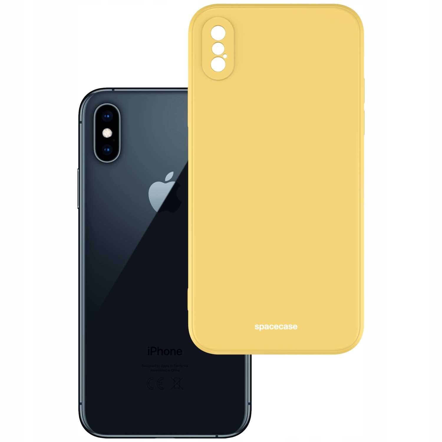 Żółte etui na telefon Spacecase pokazane obok czarnego iPhone'a.