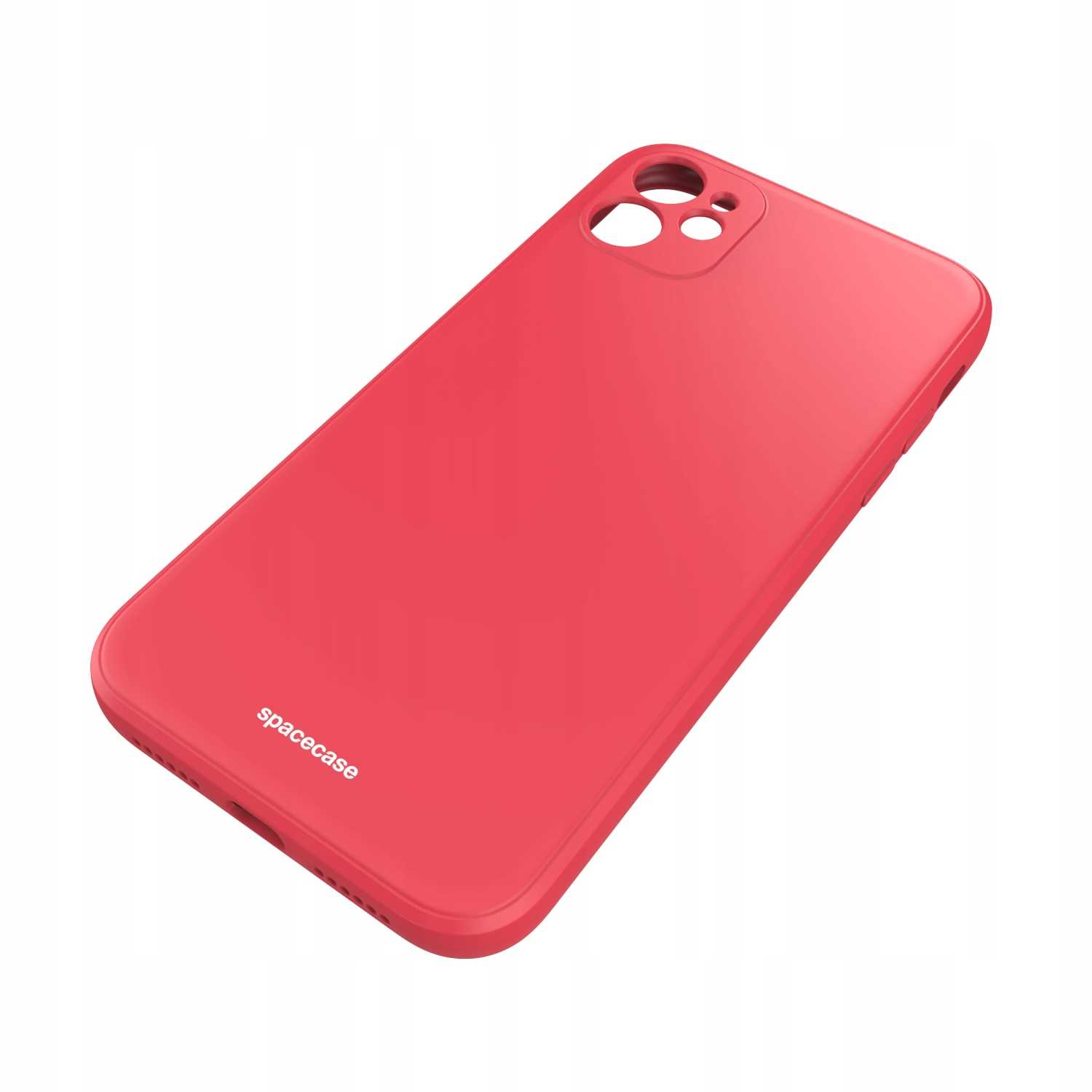 Czerwone etui na telefon Spacecase jest ustawione pod kątem na białym tle.