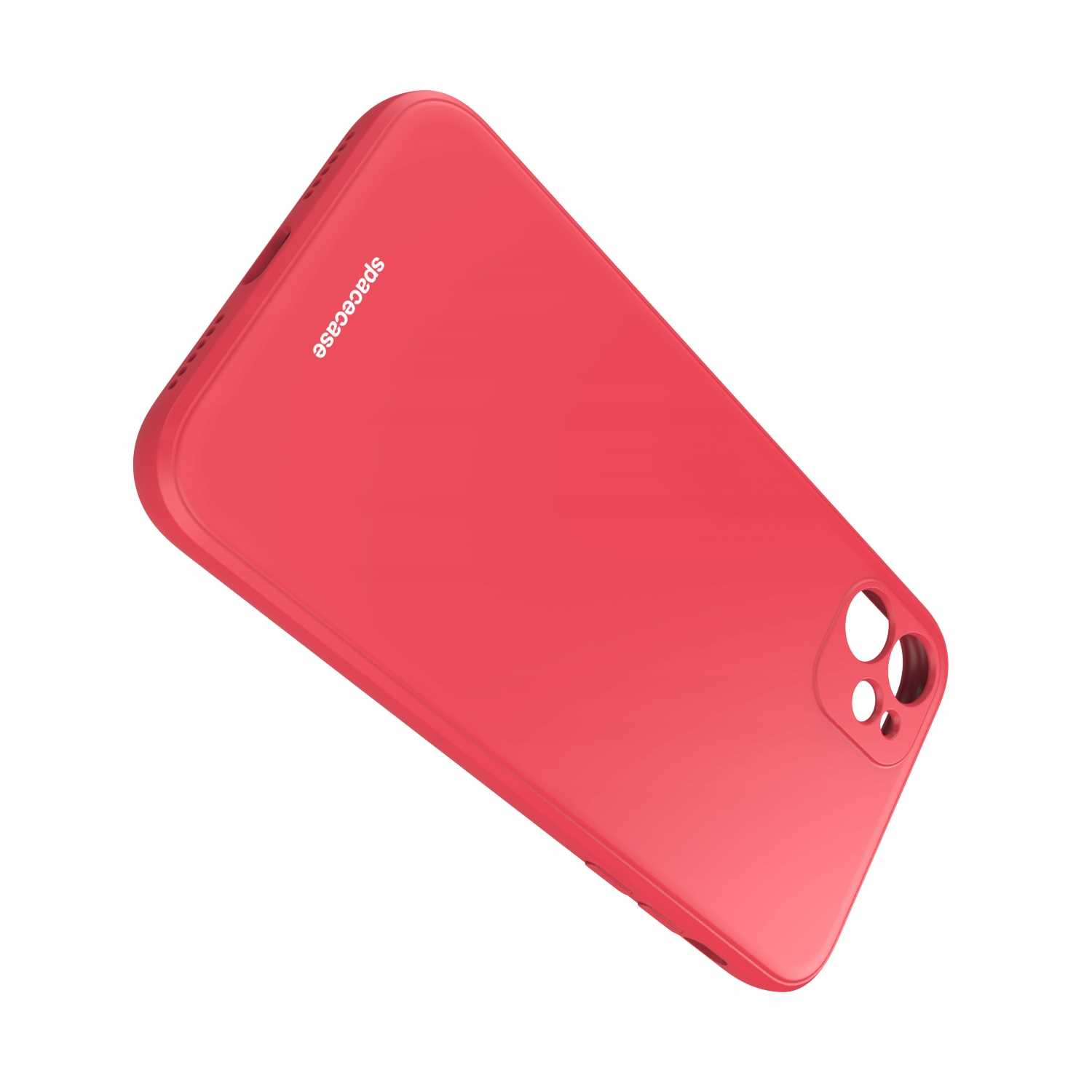 Czerwone etui na telefon Spacecase jest ustawione pod kątem na białym tle.