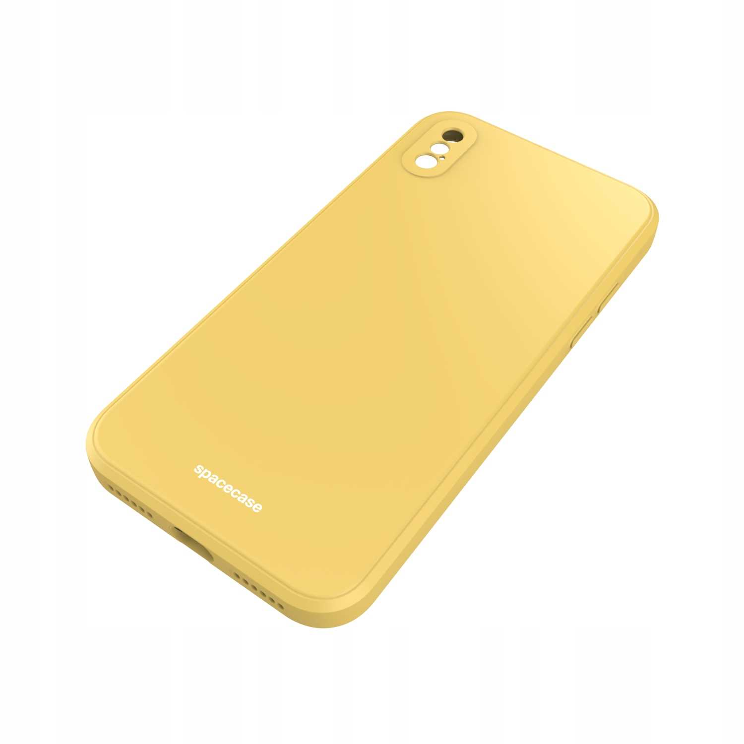 Żółte etui na telefon z logo 'spacecase' na białym tle.