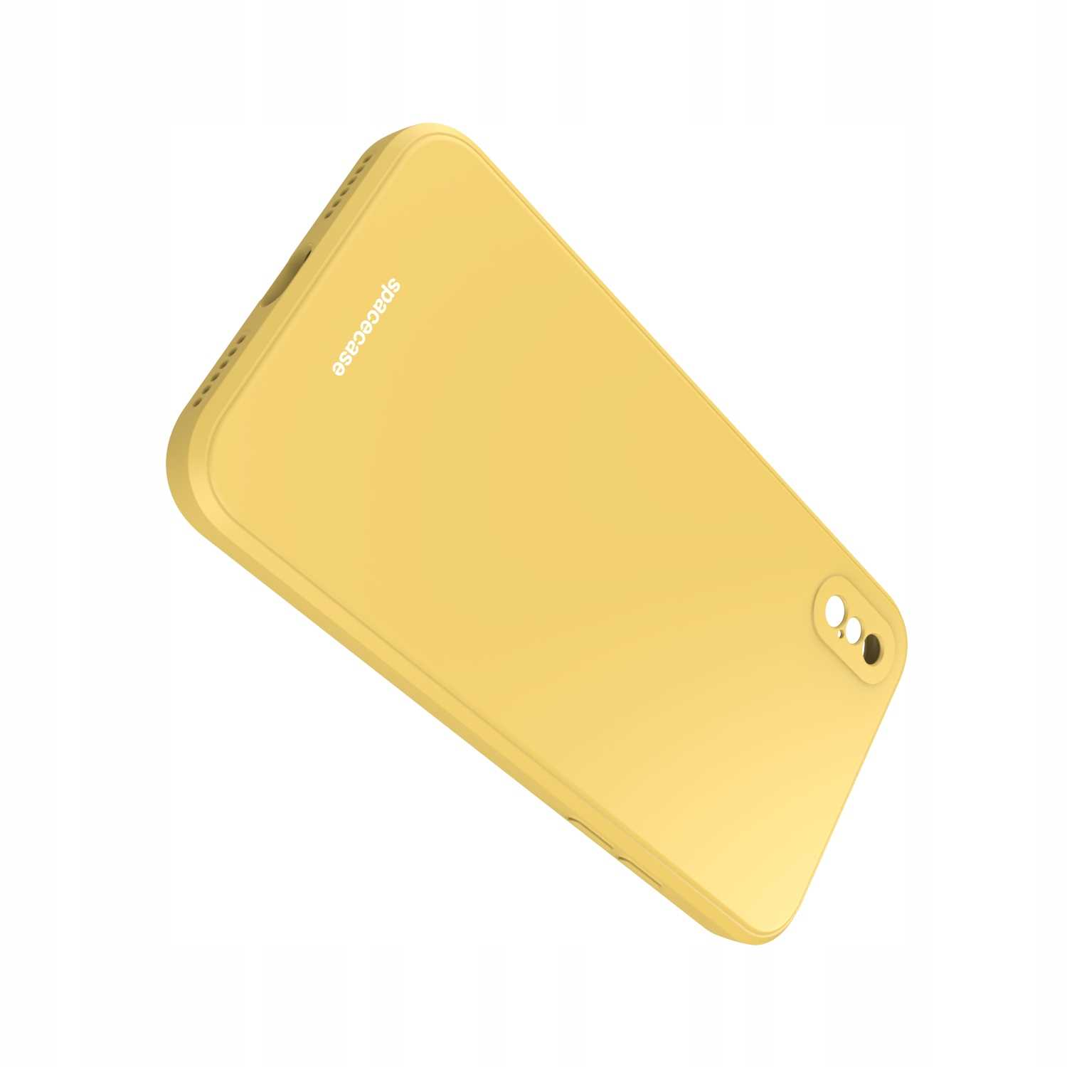 Widok pod kątem żółtego etui na telefon z logo 'spacecase' na białym tle.