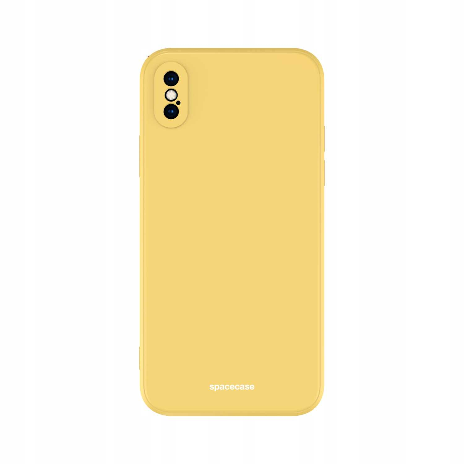 Żółte etui na telefon z logo 'spacecase' na białym tle.