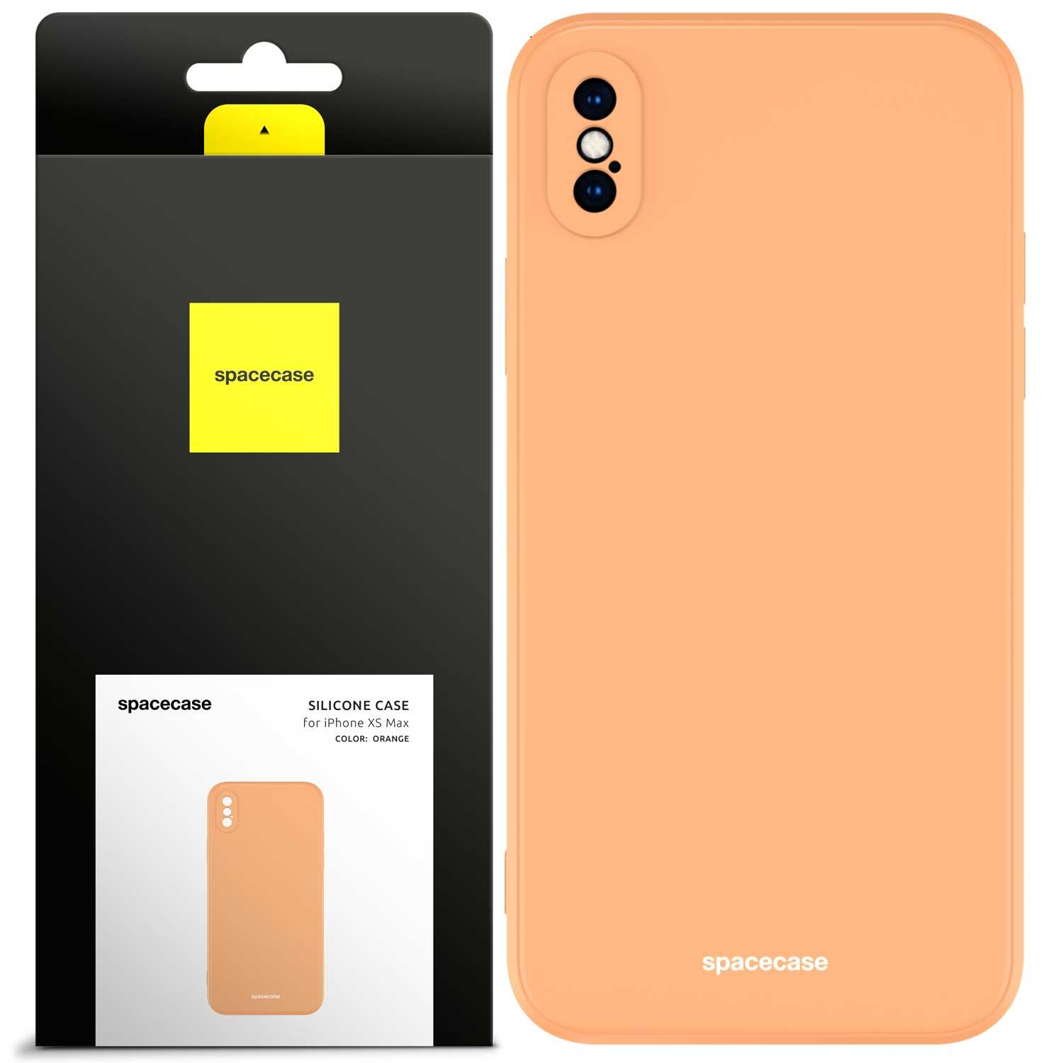 Brzoskwiniowe etui na telefon obok opakowania, na którym znajduje się marka „spacecase” na żółtym kwadracie.