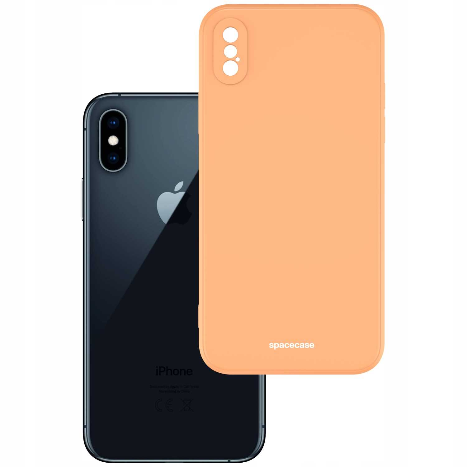 Brzoskwiniowe etui na telefon obok czarnego iPhone'a, oba na białym tle.