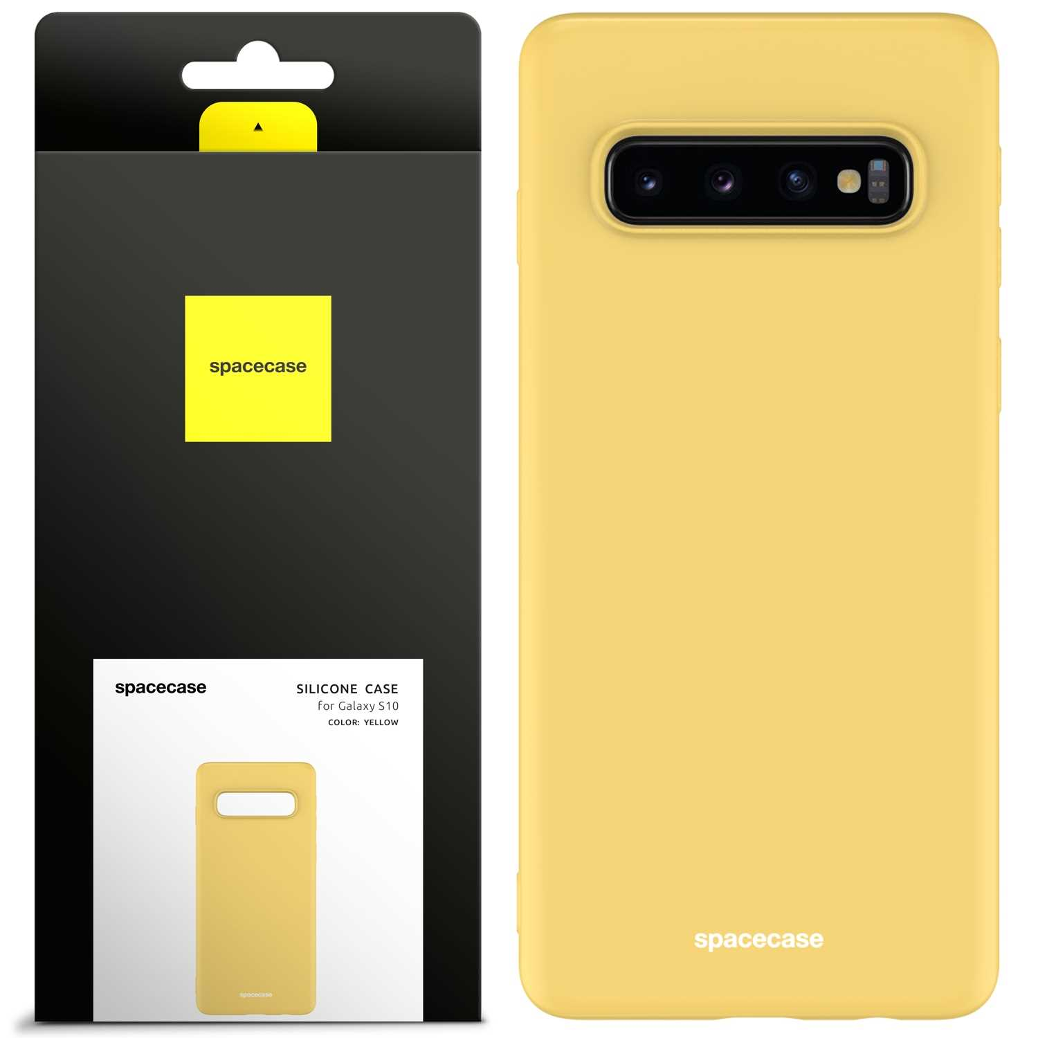 Żółte etui na telefon i opakowanie, przedstawiające silikonowe etui na Galaxy S10. Widoczne jest logo 'spacecase'.