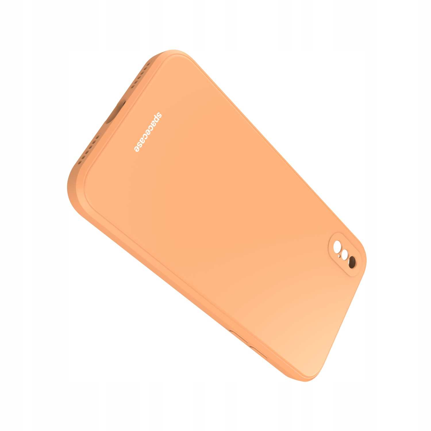 Na białym tle widoczne jest brzoskwiniowe etui na telefon z napisem „spacecase” wydrukowanym w lewym górnym rogu.