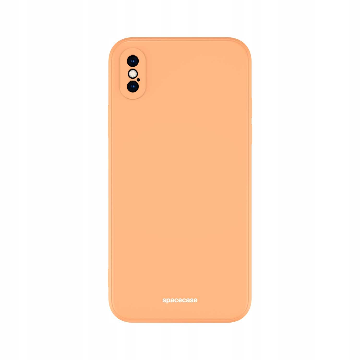 Brzoskwiniowe etui na telefon z trzema obiektywami aparatu na górze i napisem „spacecase” wydrukowanym na dole.