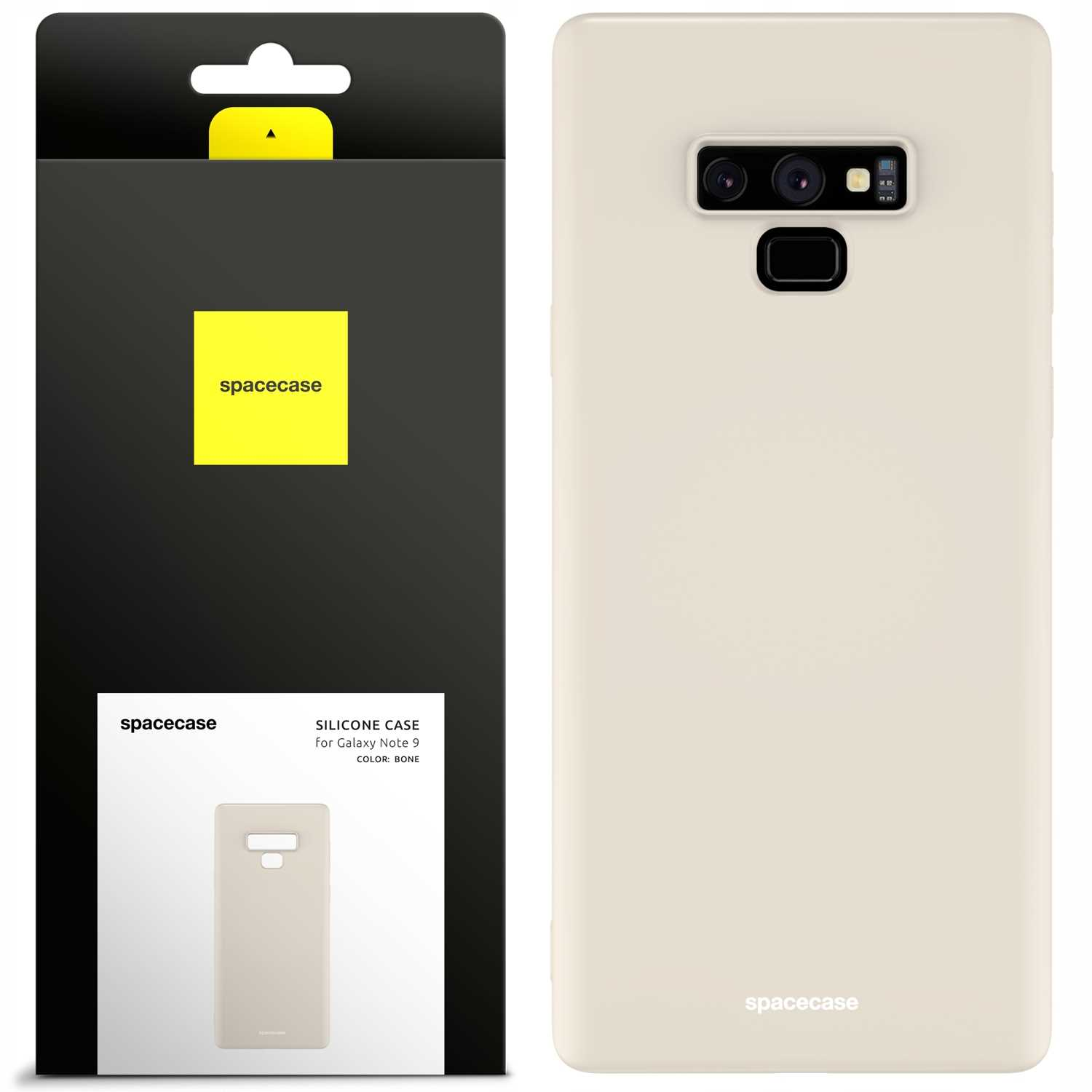 Beżowe etui 'spacecase' z opakowaniem, czysty design na neutralnym tle.