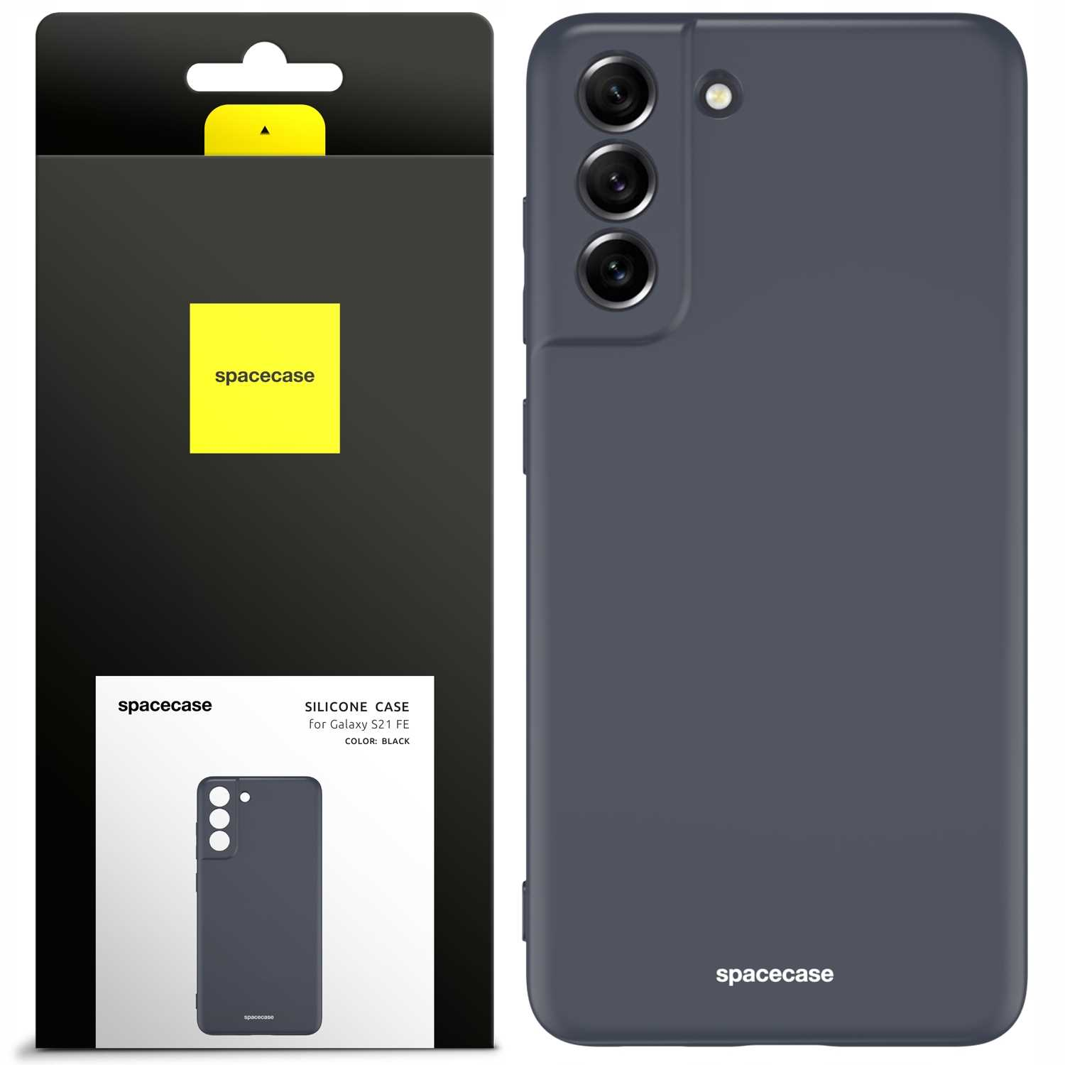 Obraz przedstawia czarne etui na telefon z opakowaniem, na białym tle.