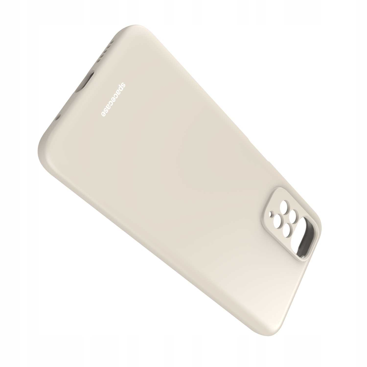 Beżowe etui na telefon z wieloma otworami na obiektywy aparatu na białym tle.