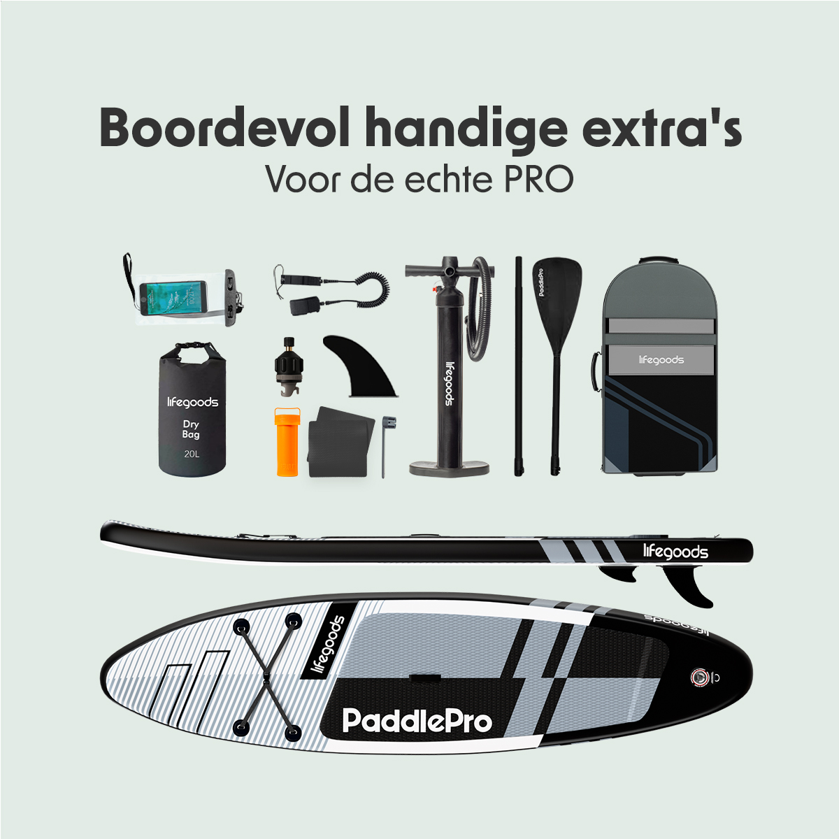 Planche de paddle et accessoires disposés sur un fond vert clair.