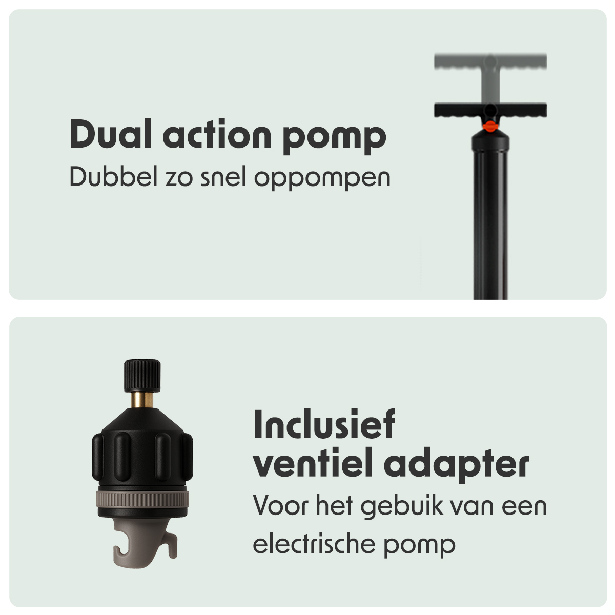 L'image montre une pompe à double action et un adaptateur de valve pour une pompe électrique, accompagnés d'un texte en néerlandais.