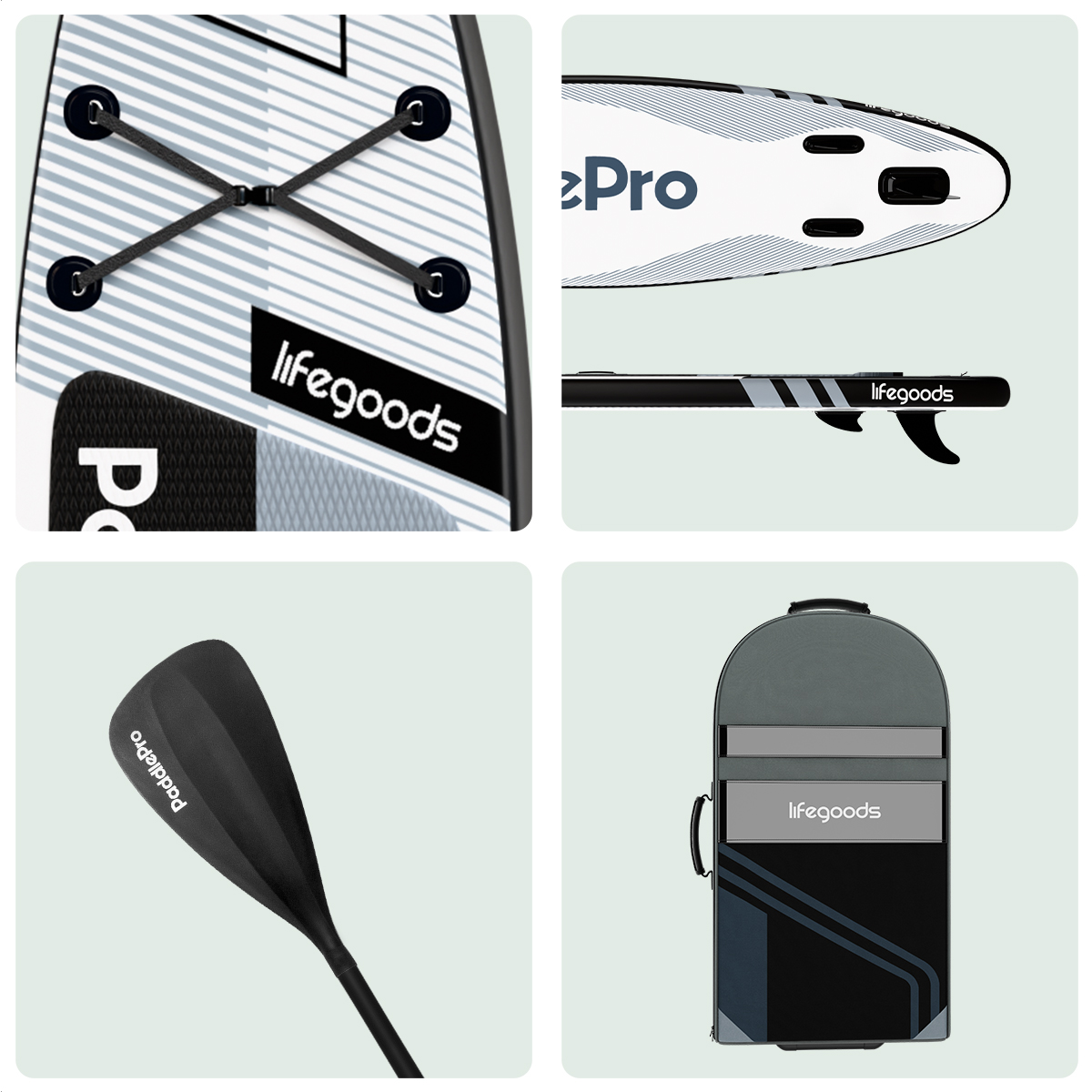 Un collage montre des détails d'une planche de paddle, notamment les sangles, l'aileron, la pagaie et le sac de transport, le tout en noir et blanc.
