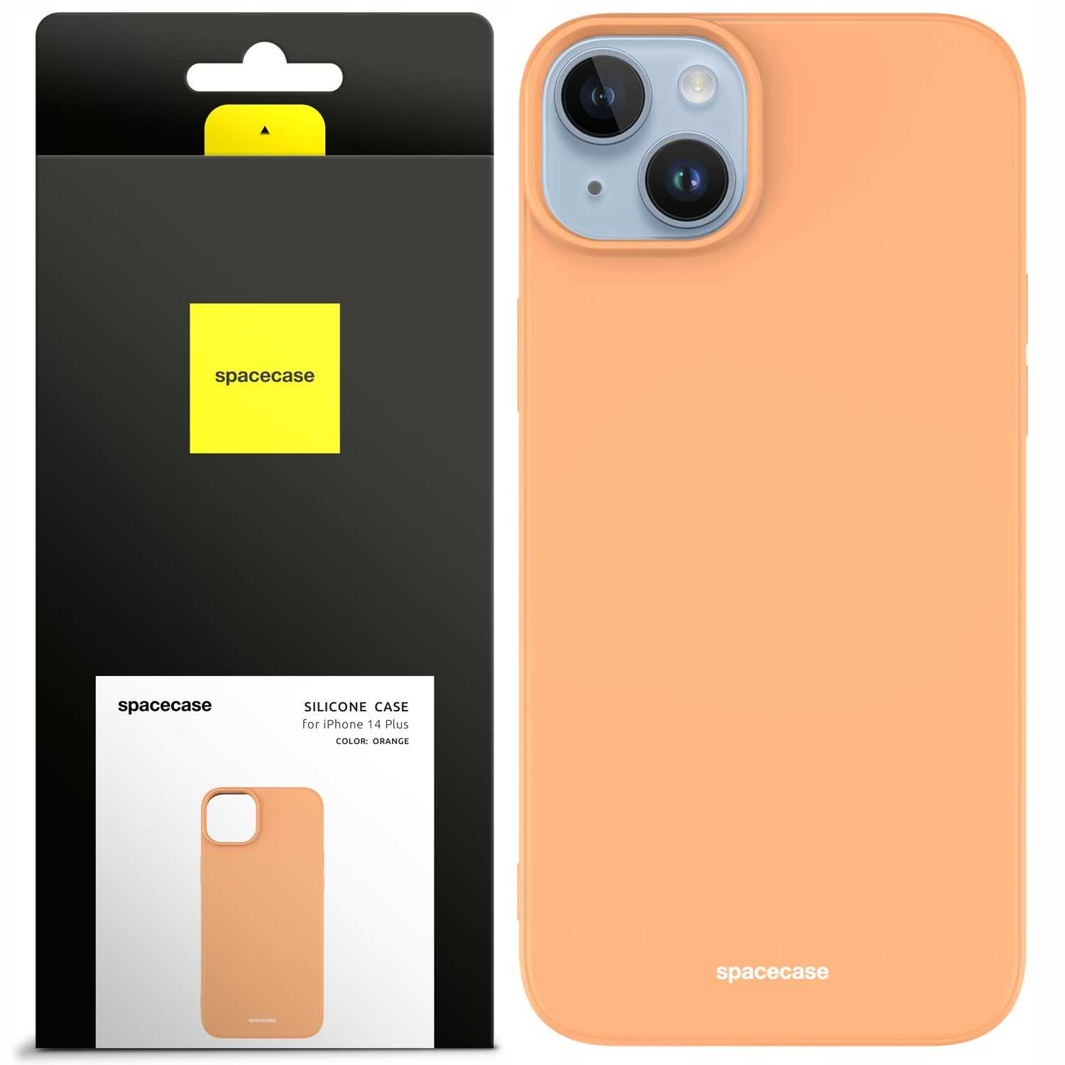 Pomarańczowe silikonowe etui na iPhone'a 14 Plus jest wyświetlane w opakowaniu i na iPhonie.