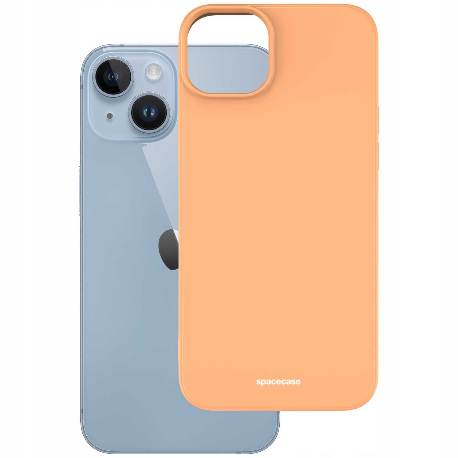 Niebieski iPhone 14 i pomarańczowe silikonowe etui z napisem „spacecase” znajdują się na białym tle.