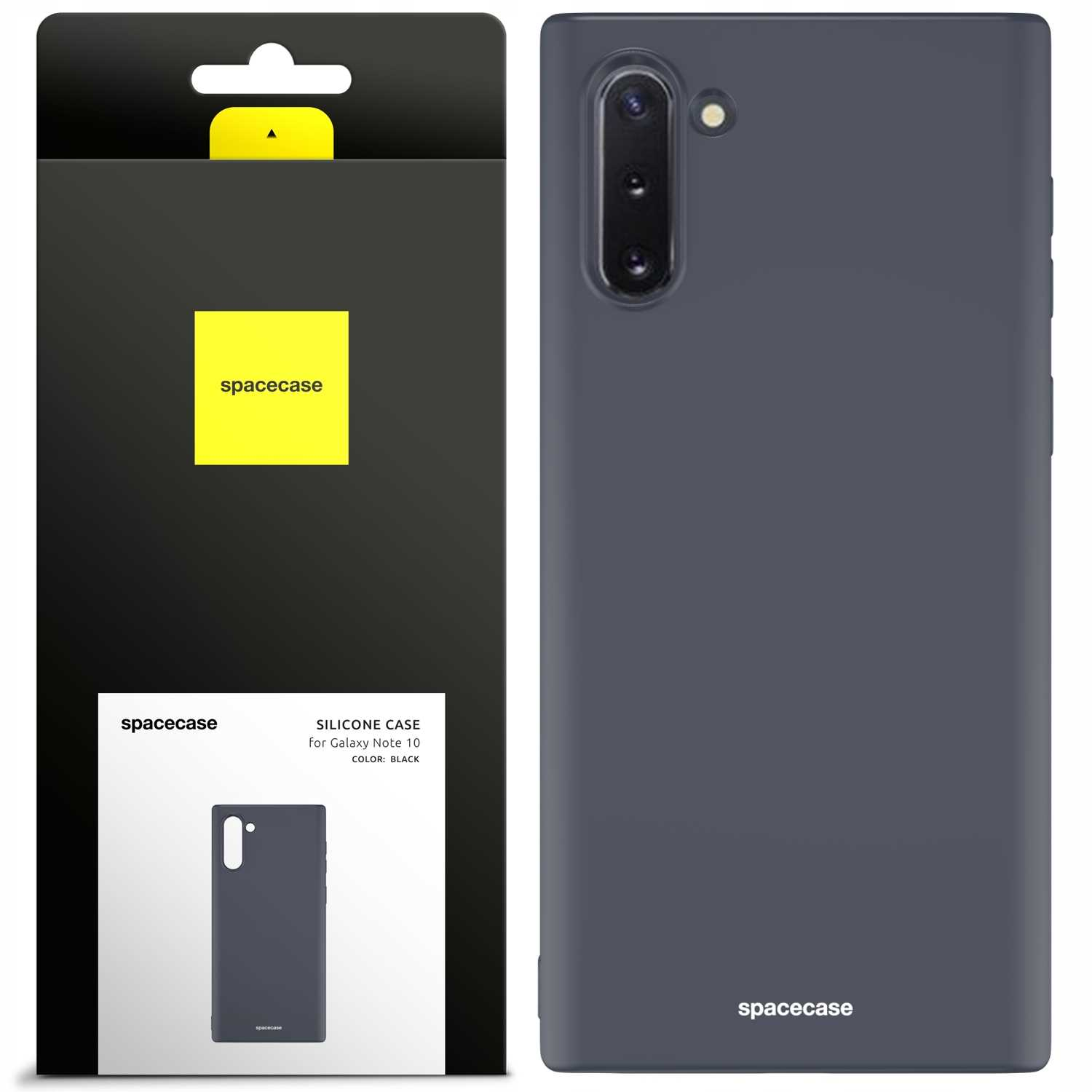 Czarne silikonowe etui na Galaxy Note 10 jest wyświetlane w opakowaniu i na telefonie.