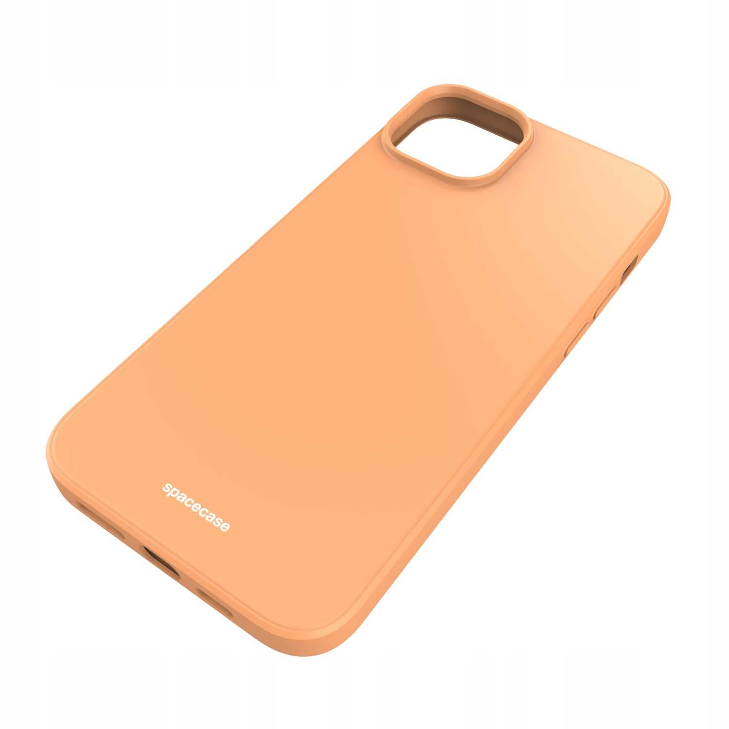 Pomarańczowe etui na telefon jest wyświetlane na białym tle z nazwą marki „spacecase”.