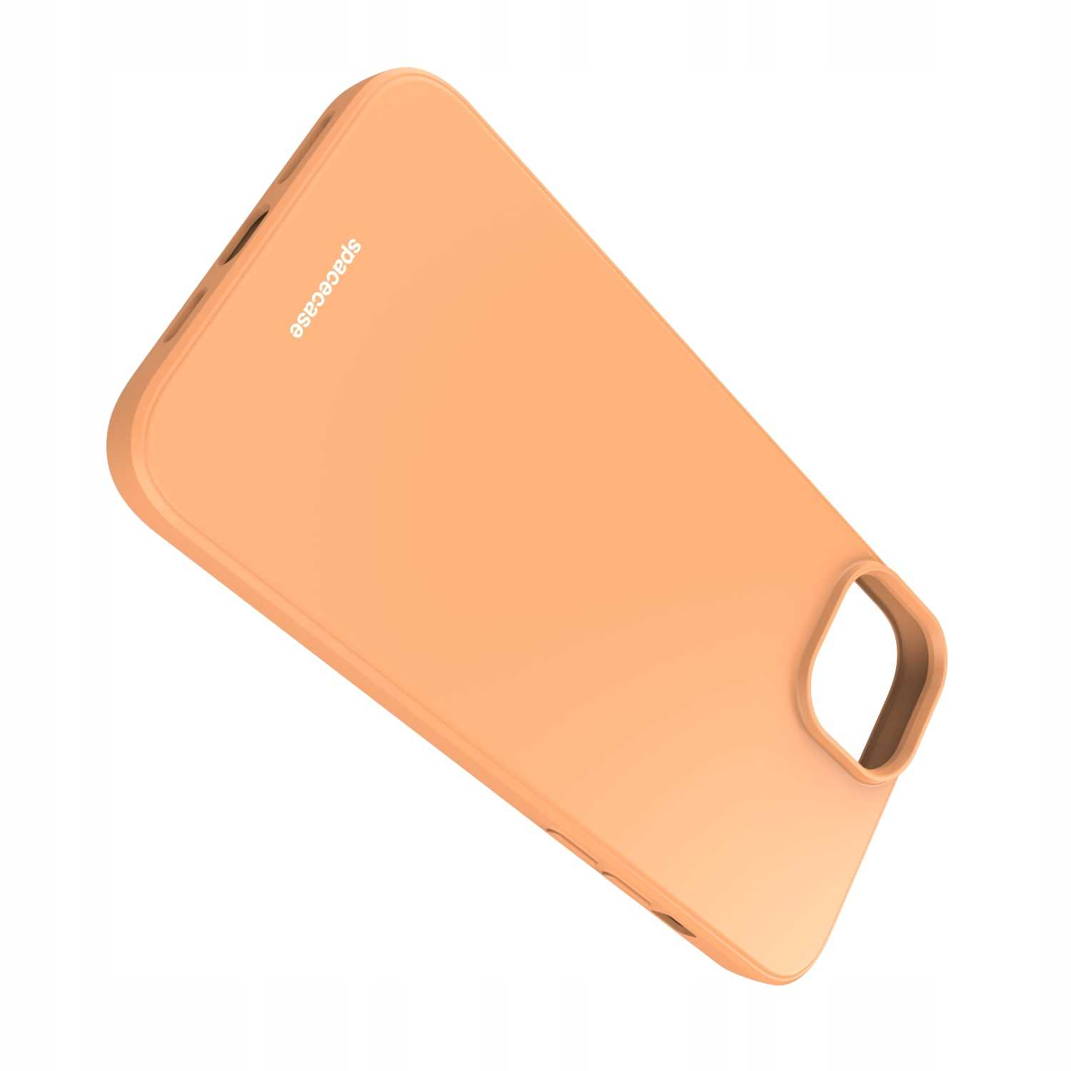 Pomarańczowe etui na telefon jest wyświetlane po przekątnej na białym tle z nazwą marki „spacecase”.