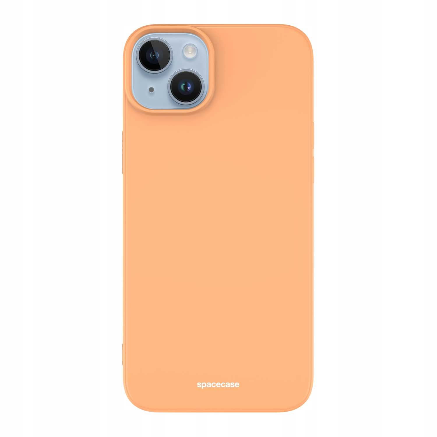 Pomarańczowe etui na telefon chroni iPhone'a 14 na białym tle z nazwą marki „spacecase”.