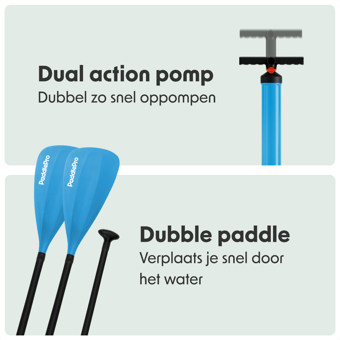 Eine Dual-Action-Pumpe und ein Doppel-Paddel werden vor einem hellgrünen Hintergrund angezeigt.