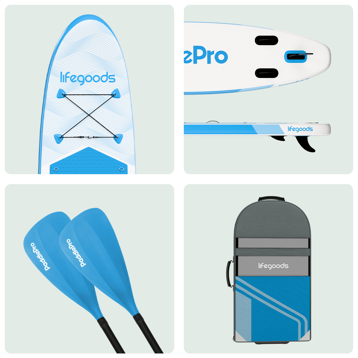 Eine Collage zeigt Details zur Oberseite, Seite und Paddel eines Paddleboards sowie eine Tragetasche.