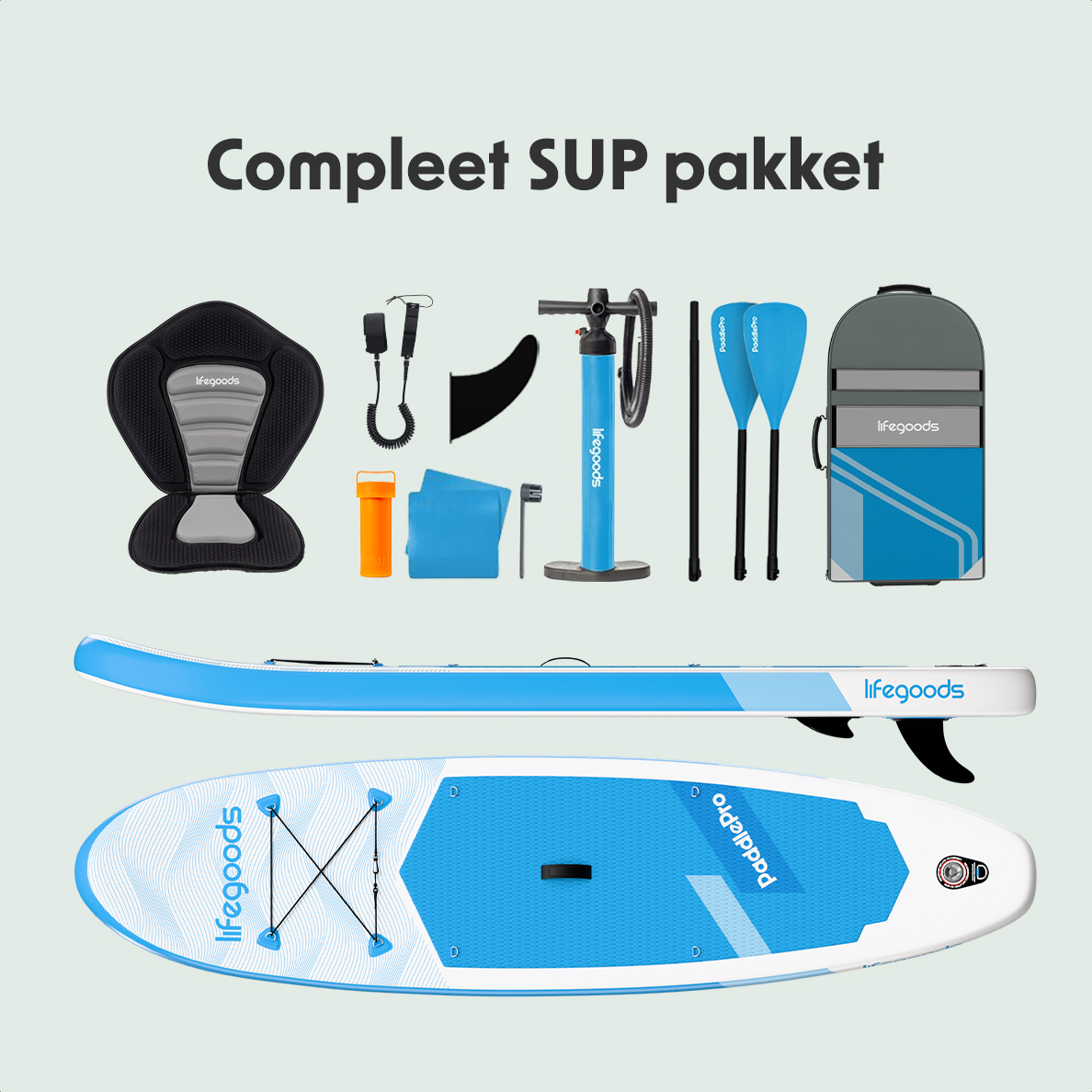 Ein komplettes SUP-Paket wird angezeigt, einschließlich Board, Sitz, Pumpe und Zubehör.