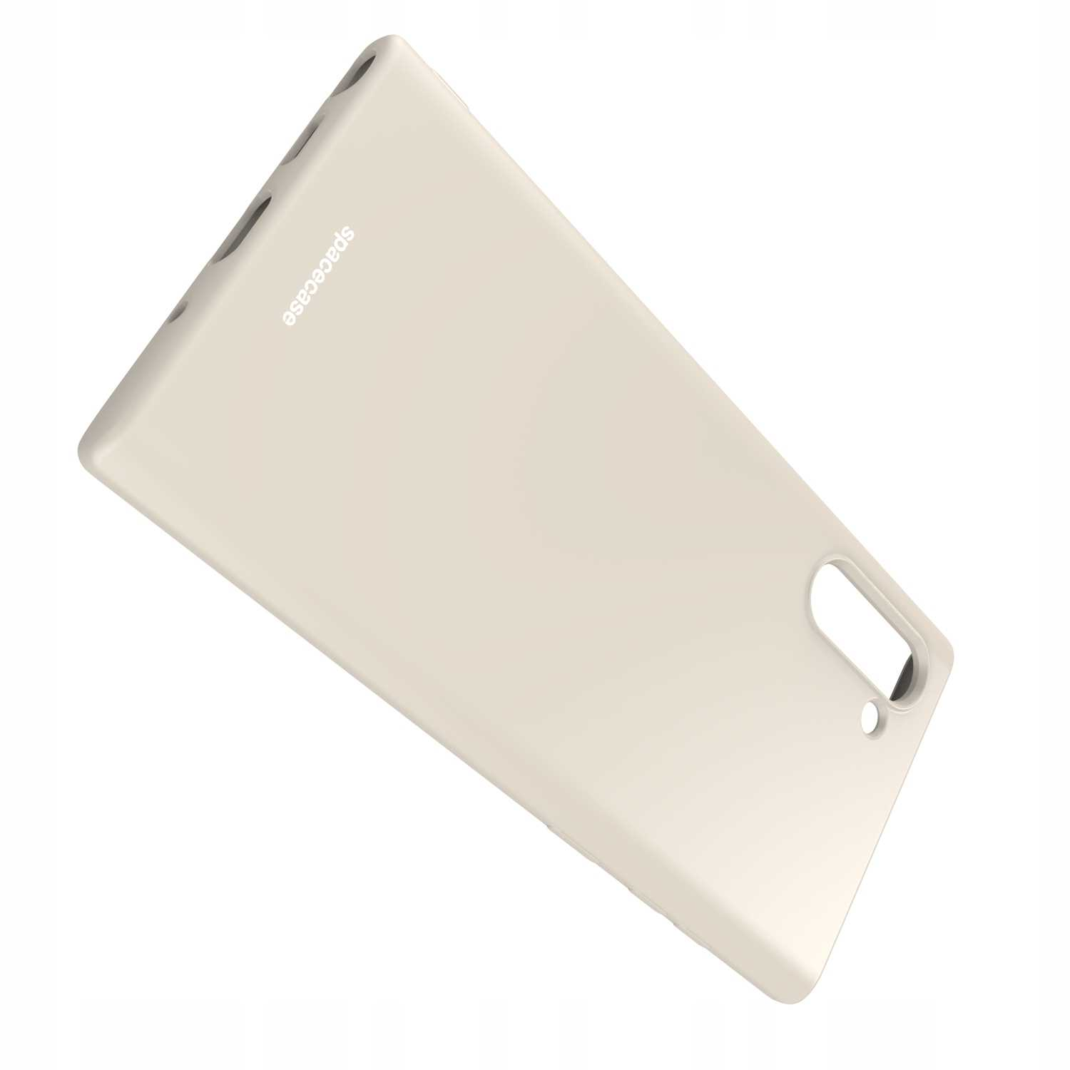 Beżowe etui na telefon leży ukośnie na białej powierzchni, prezentując swój minimalistyczny design.