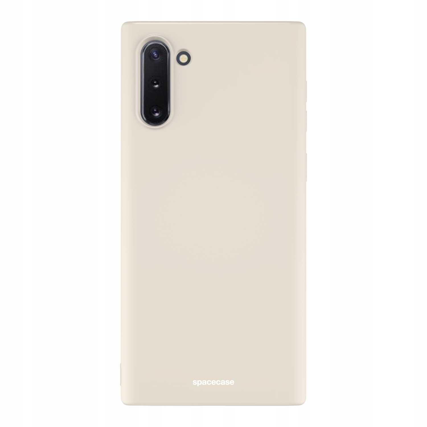 Beżowe etui na telefon stoi pionowo na białym tle, pokazując otwór na aparat.