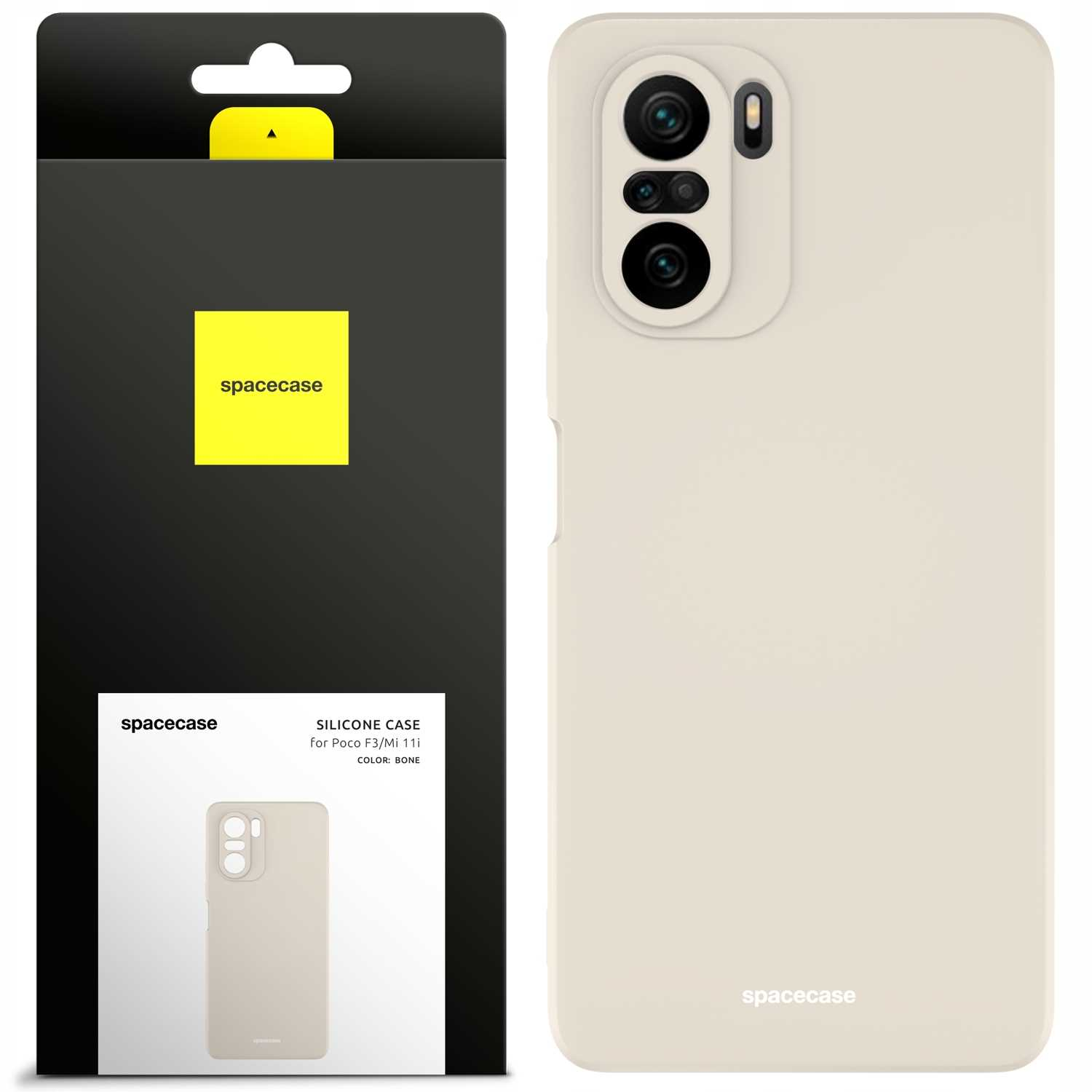Etui na telefon w kolorze kości słoniowej i jego opakowanie znajdują się na białym tle. Opakowanie jest czarno-żółte z napisem „spacecase”.