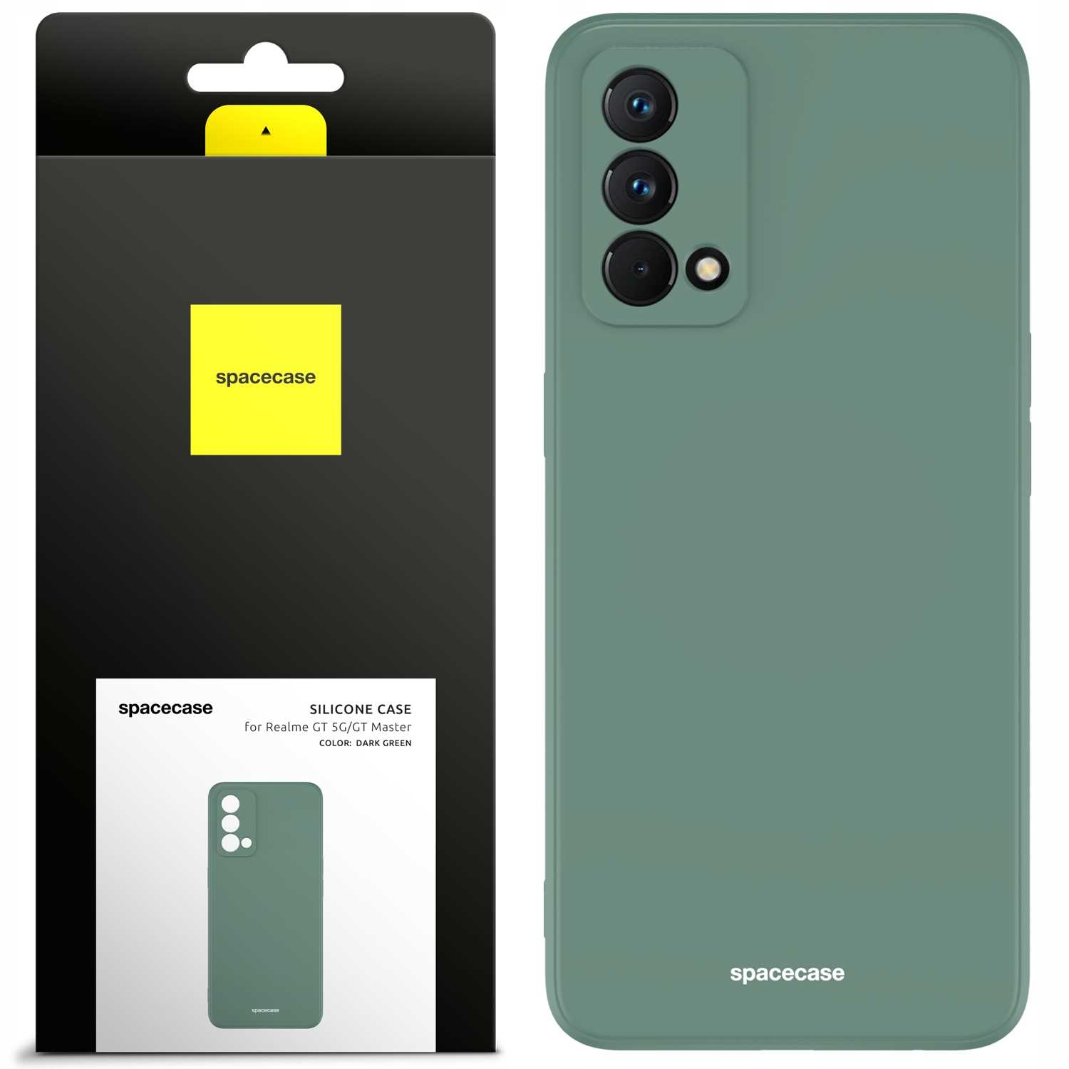 Ciemnozielone etui na telefon obok opakowania z logo 'spacecase' na białym tle.