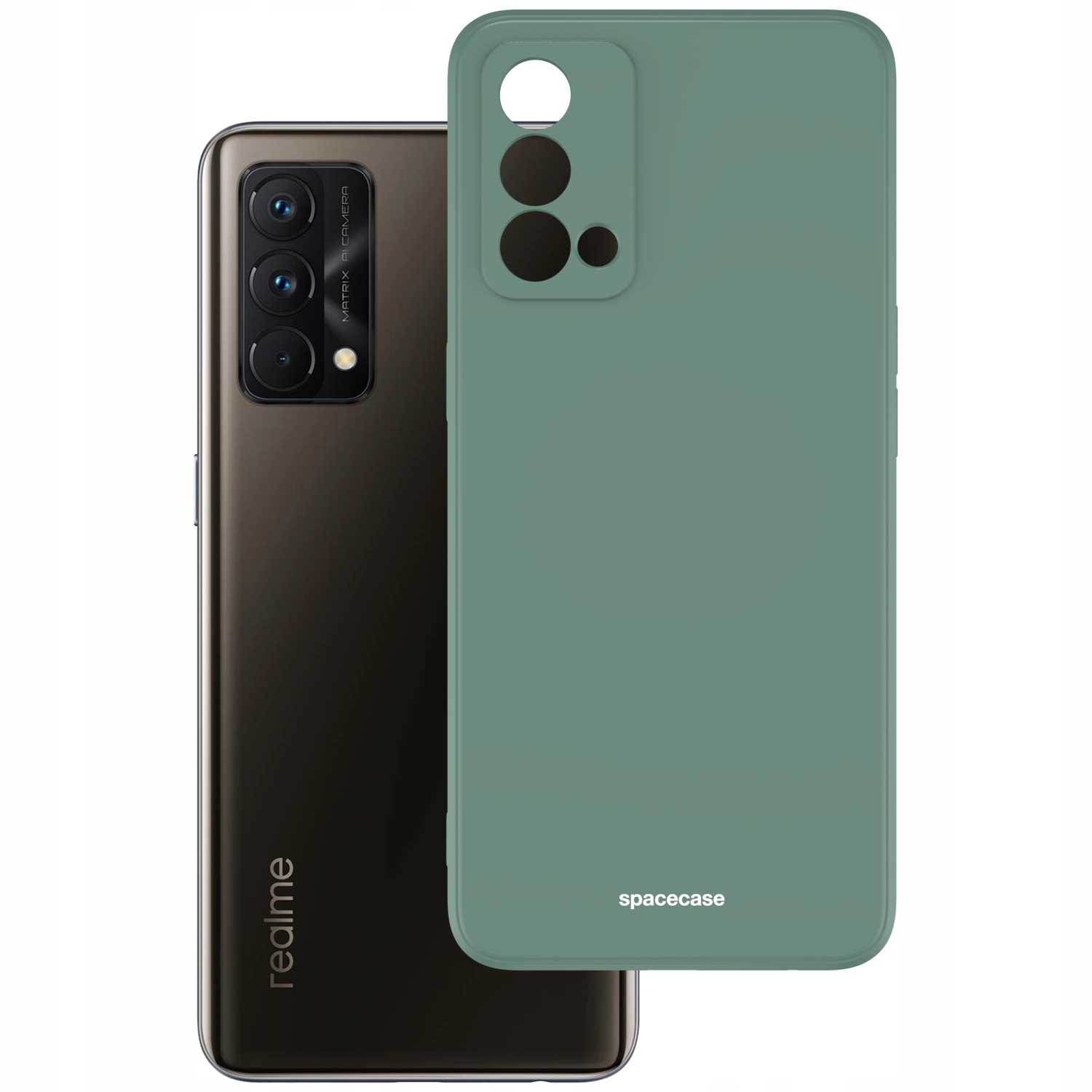 Ciemnozielone etui na telefon obok telefonu z logo 'realme'. Oba na białym tle.
