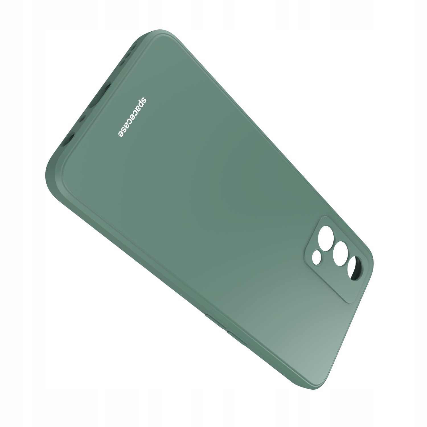 Ciemnozielone etui na telefon z wycięciami na aparat, ustawione pod kątem na białym tle, prezentujące logo 'spacecase'.